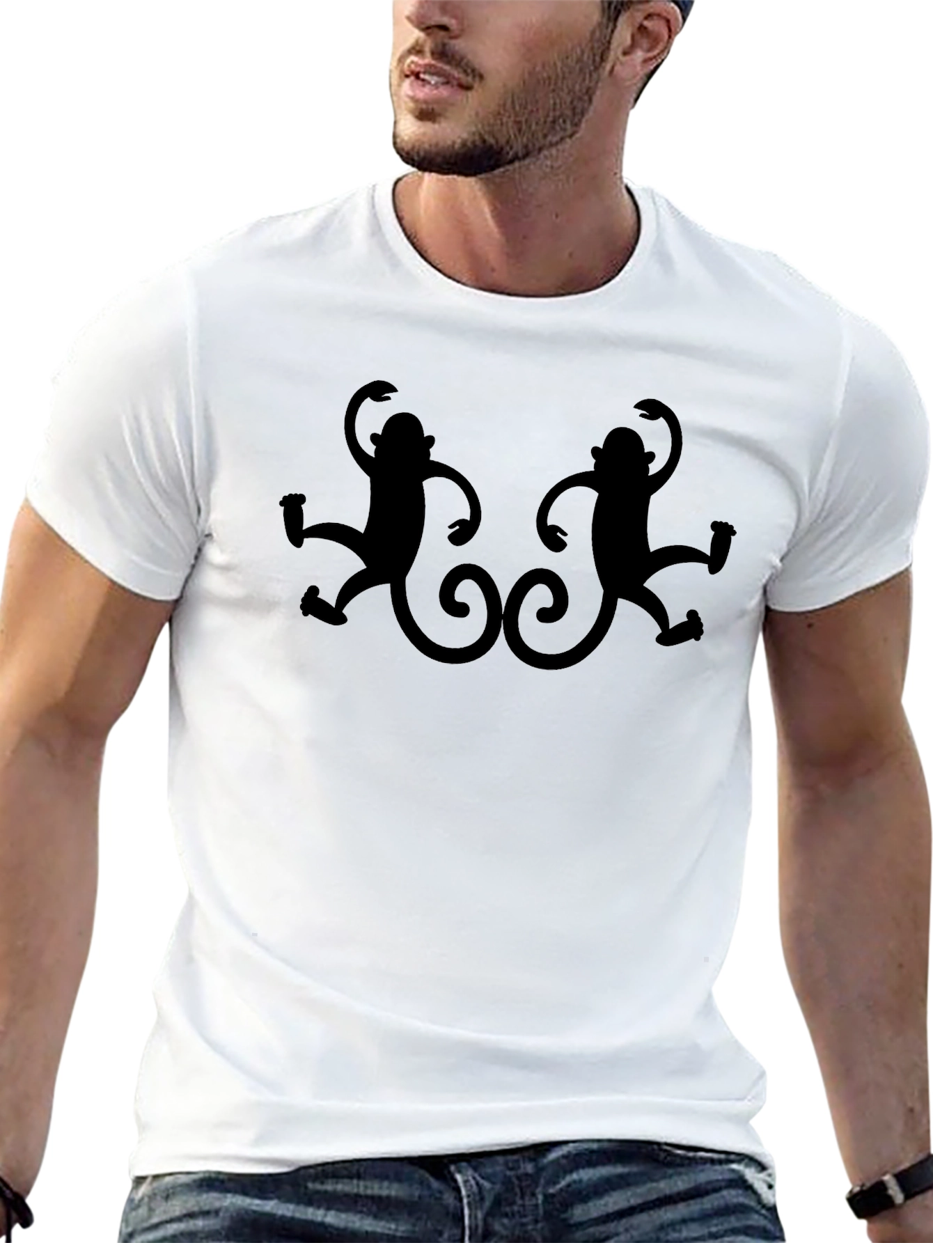 Monkey Silhouette Graphic Tee - Black Cotton Casual T-Shirt
