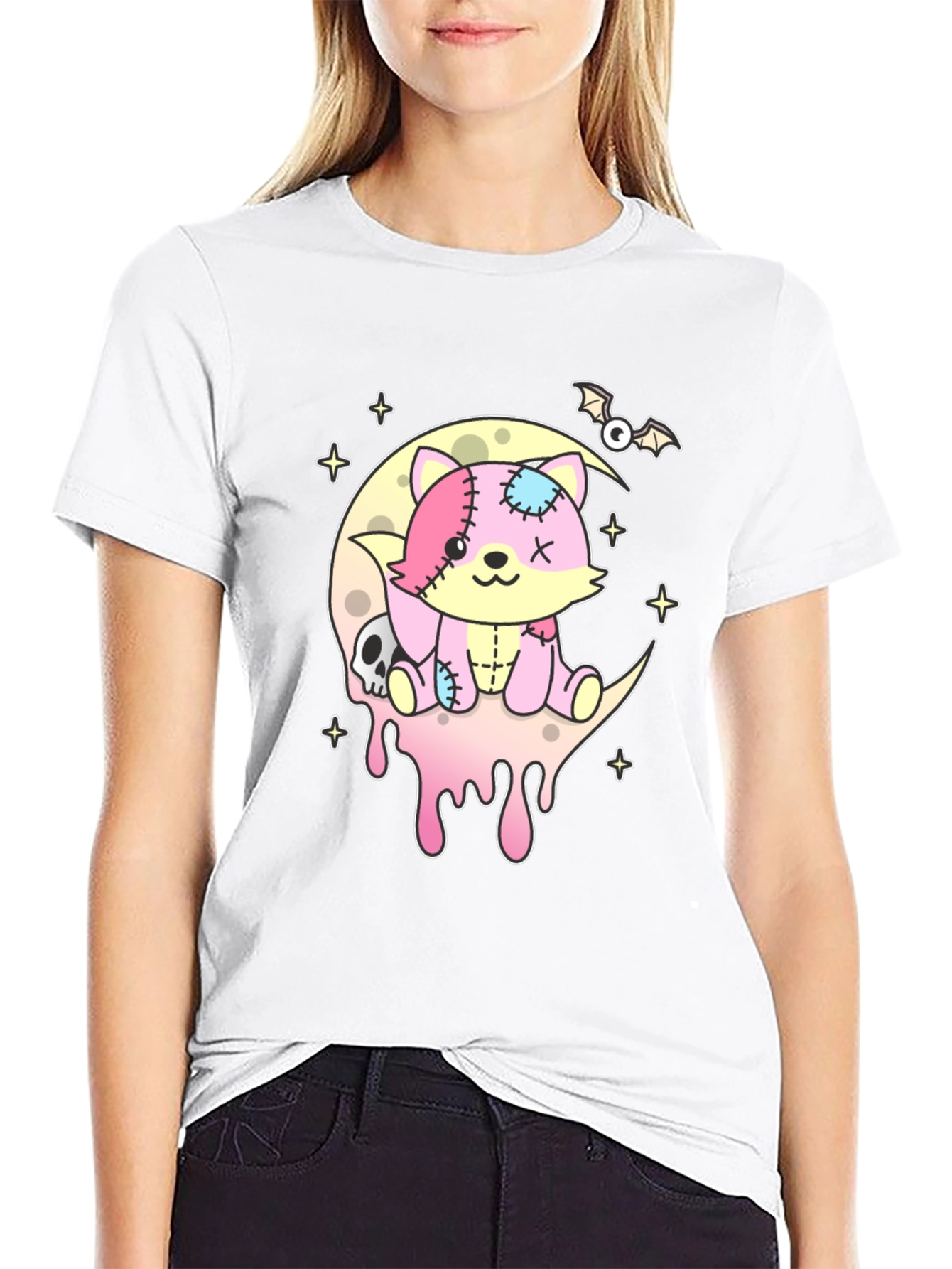 Cute Pastel Goth Zombie Cat on Moon T-Shirt