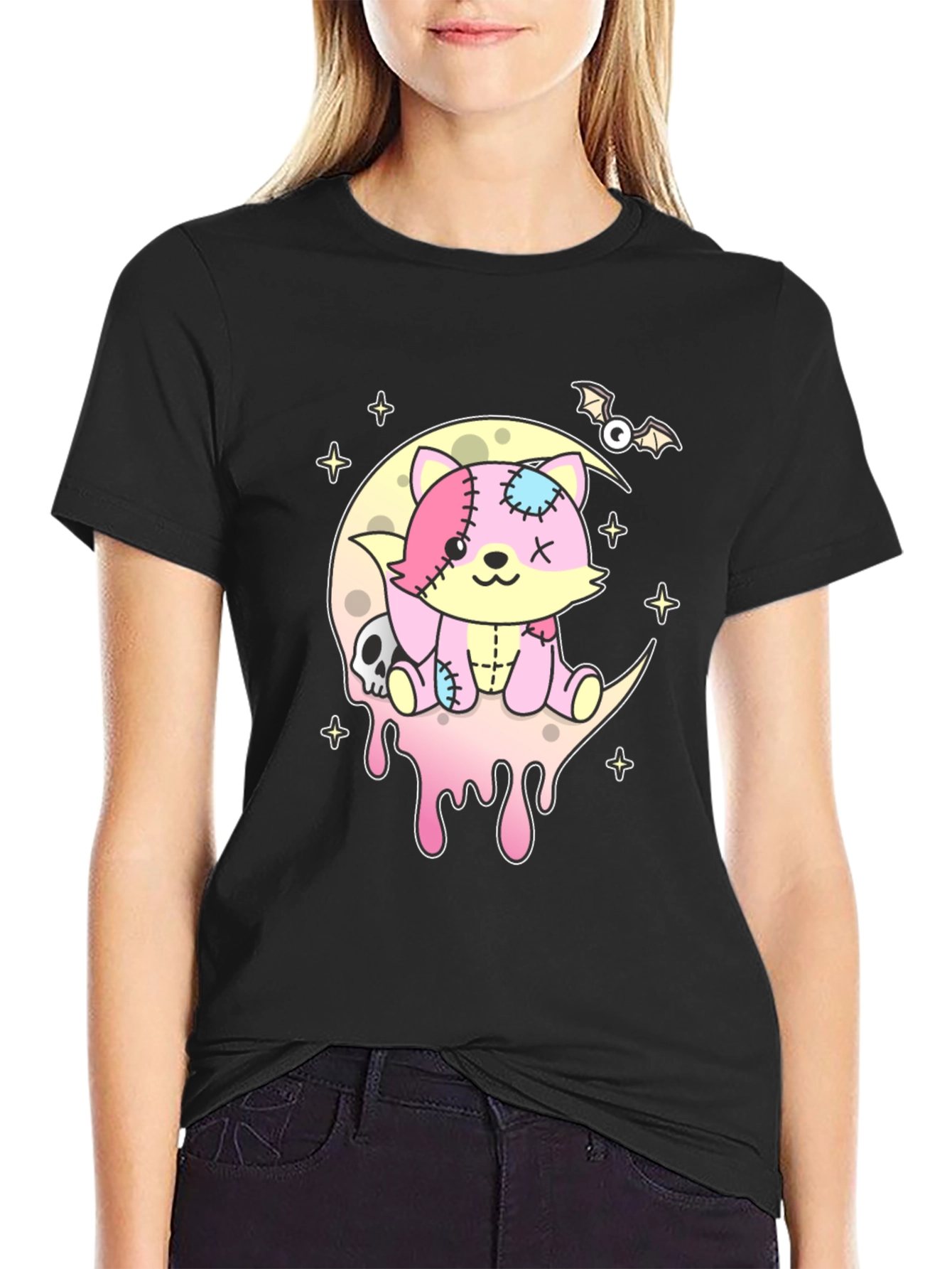 Cute Pastel Goth Zombie Cat on Moon T-Shirt