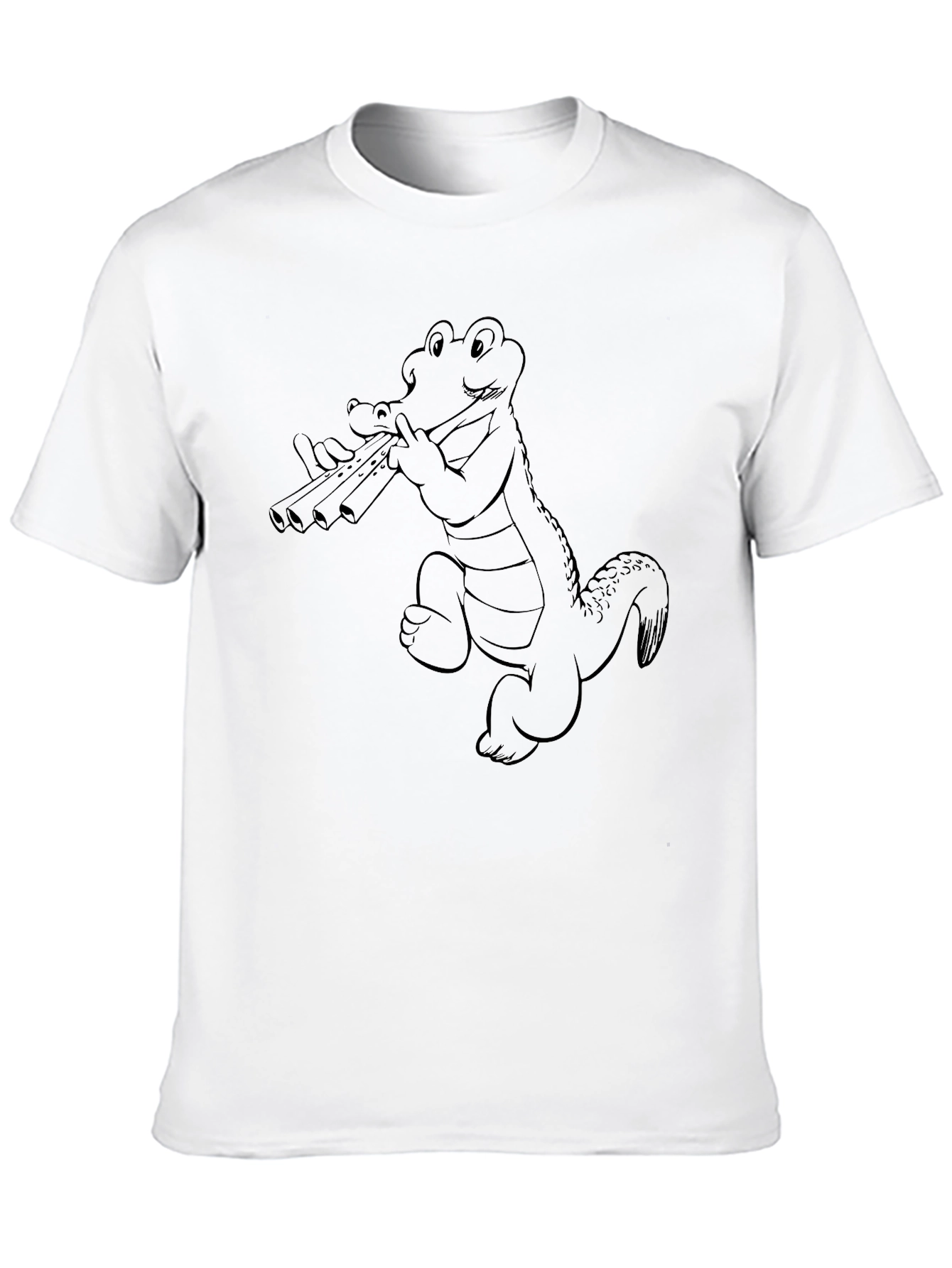 Black T-Shirt with Alligator Playing Flute Design