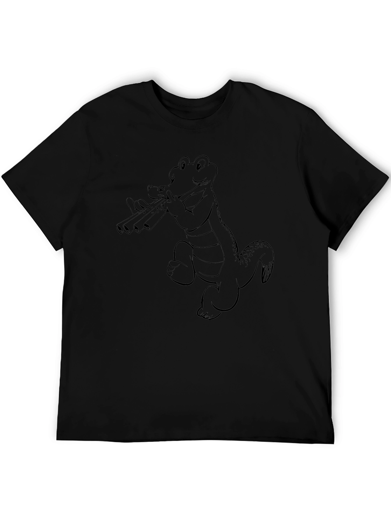 Black T-Shirt with Alligator Playing Flute Design