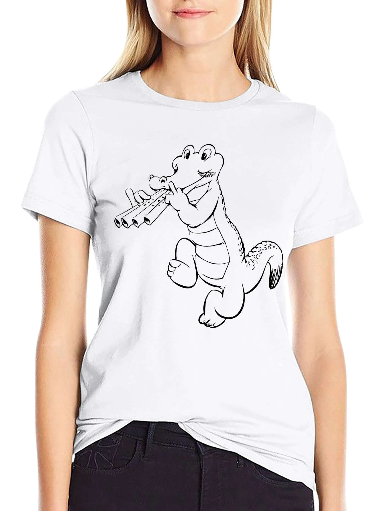 Black T-Shirt with Alligator Playing Flute Design