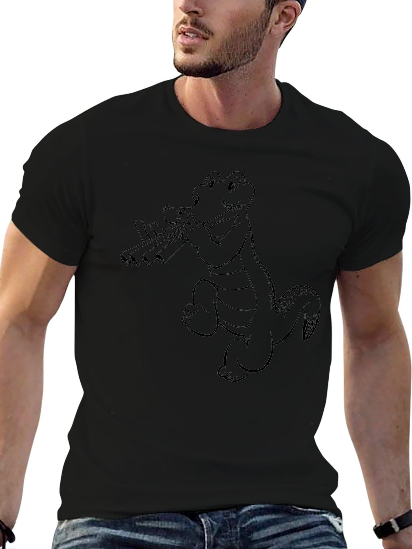 Black T-Shirt with Alligator Playing Flute Design