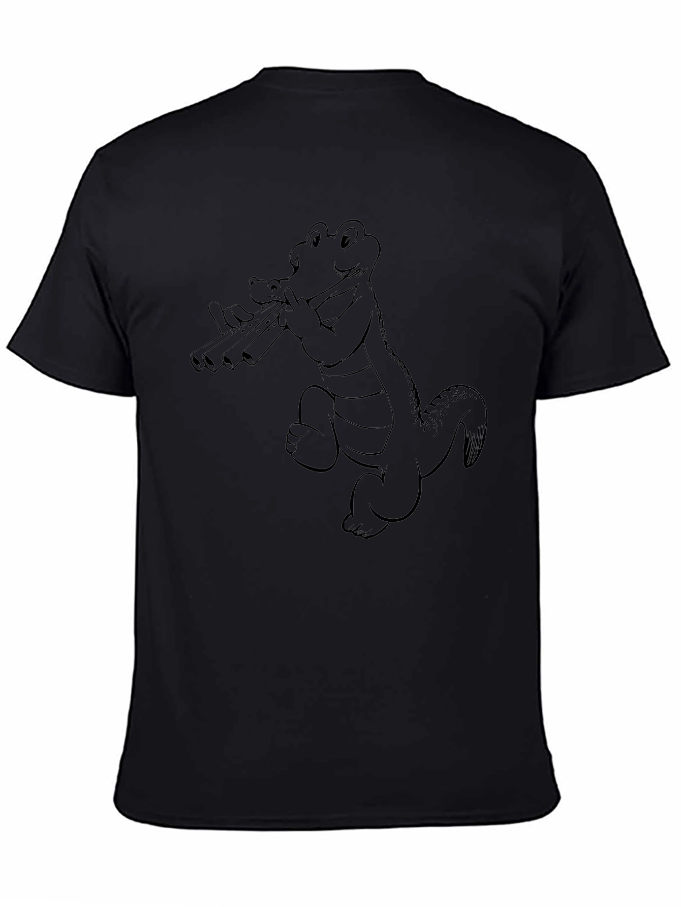 Black T-Shirt with Alligator Playing Flute Design