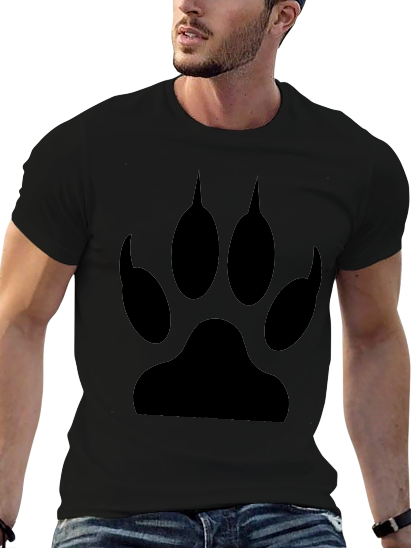 Black Wolf Paw Print Crew Neck T-Shirt