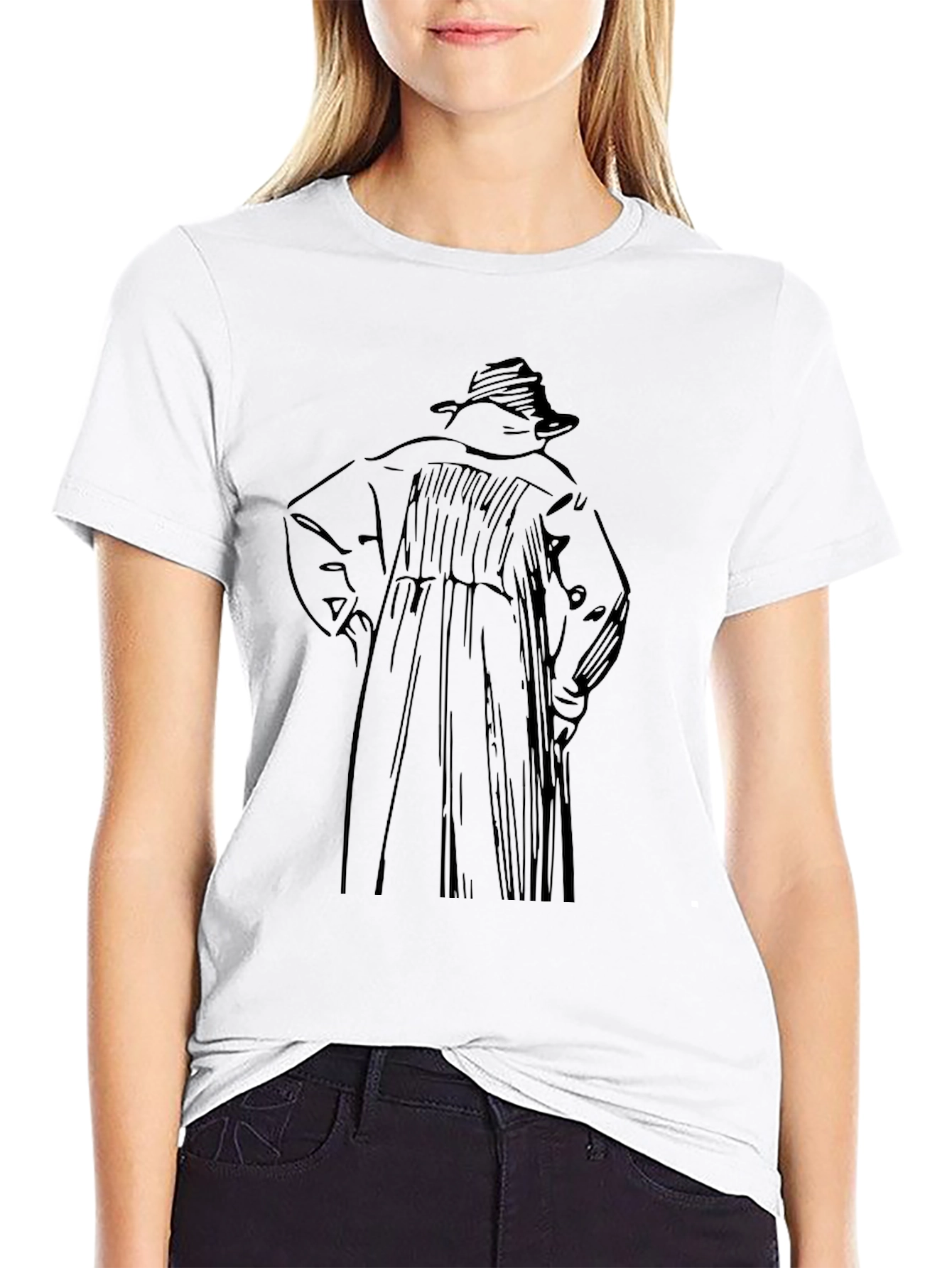 Black T-Shirt with Illustrated Trench Coat Design