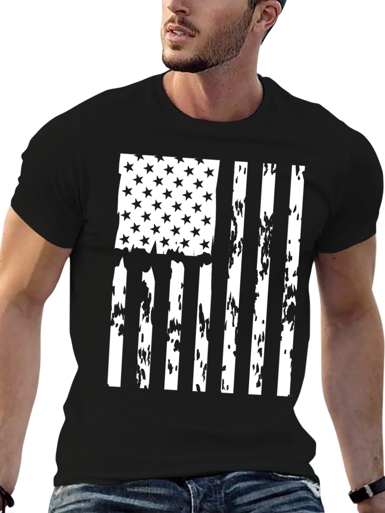 Distressed American Flag Graphic Tee - Patriotic Black Shirt