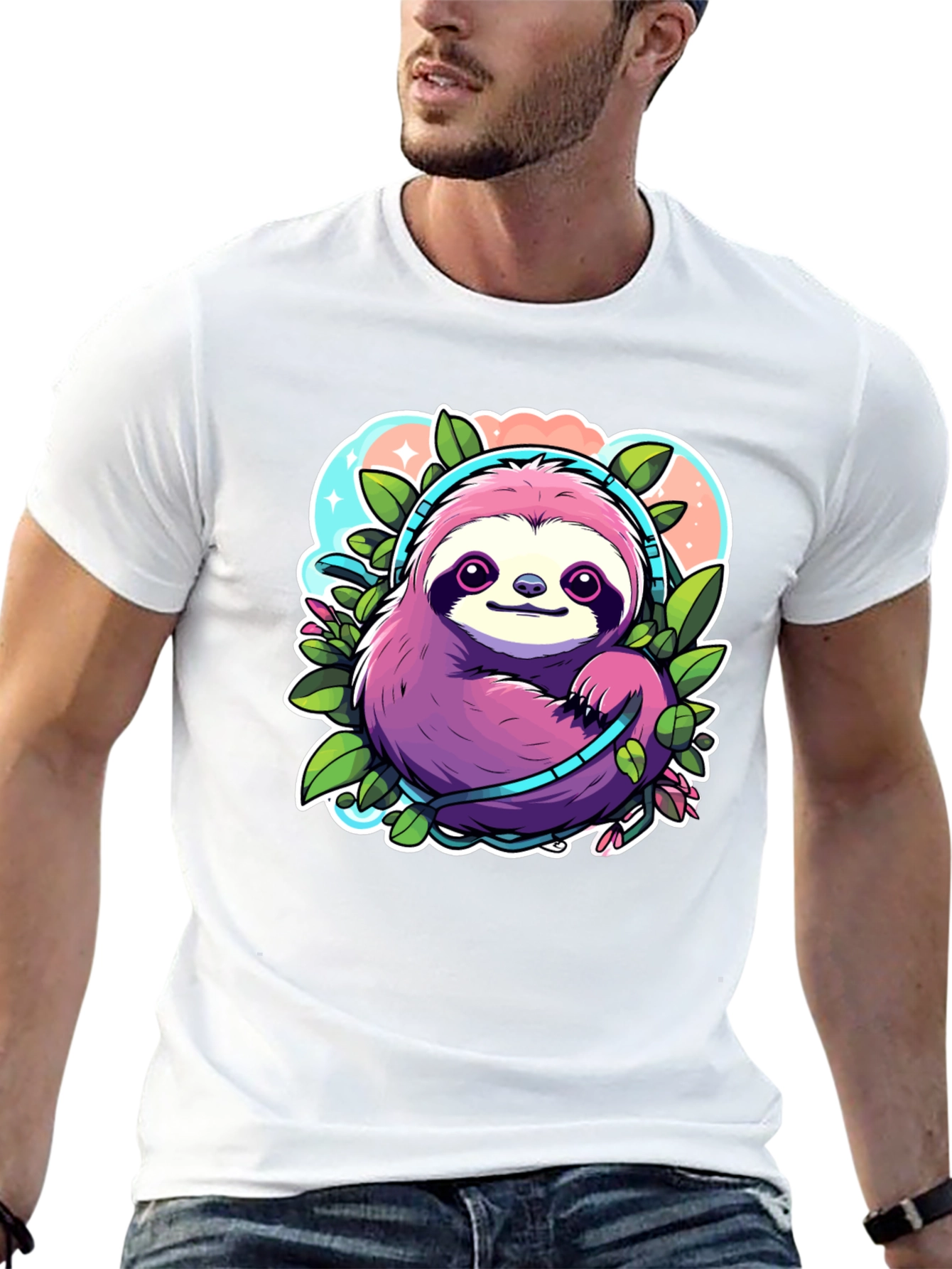 Sloth Headphones Graphic Tee - Cute Cartoon Animal Shirt