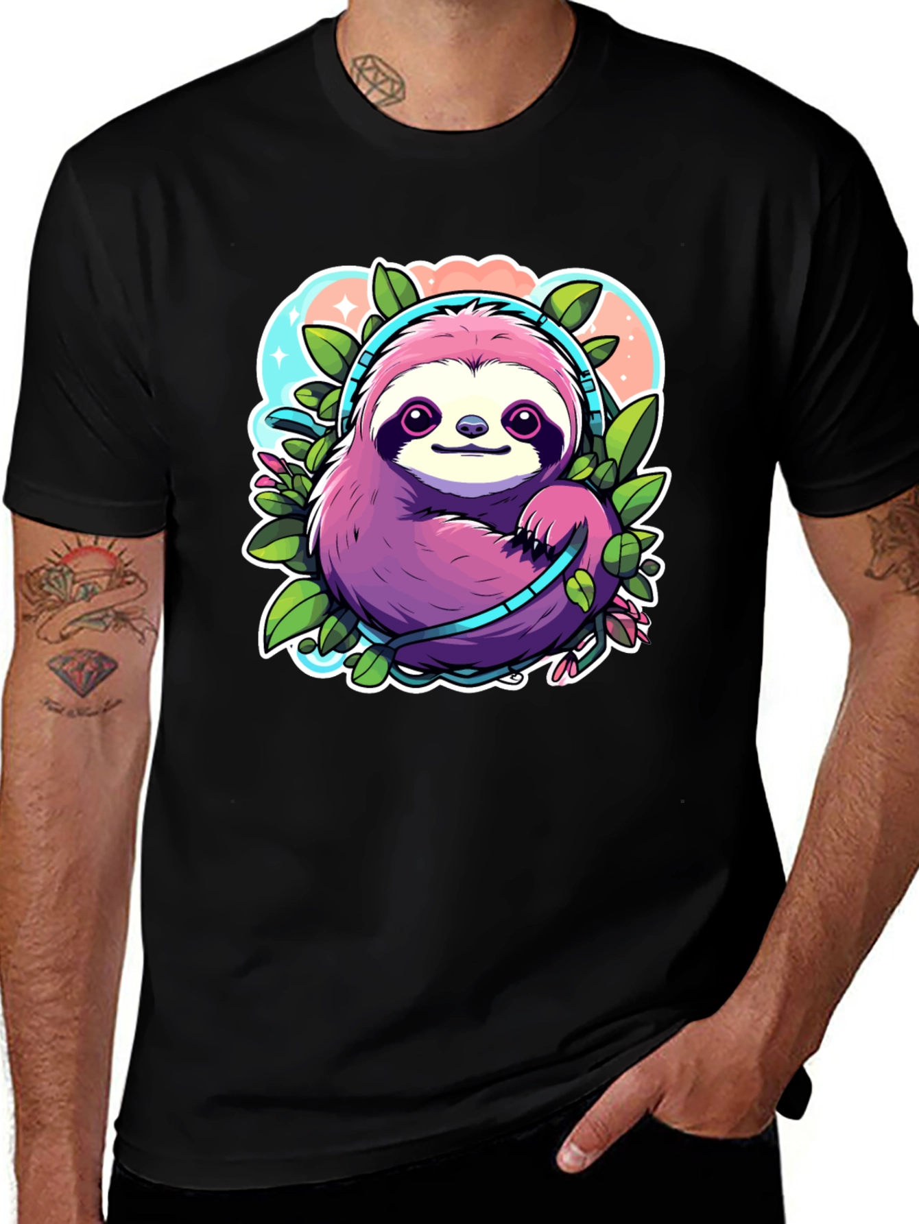 Sloth Headphones Graphic Tee - Cute Cartoon Animal Shirt