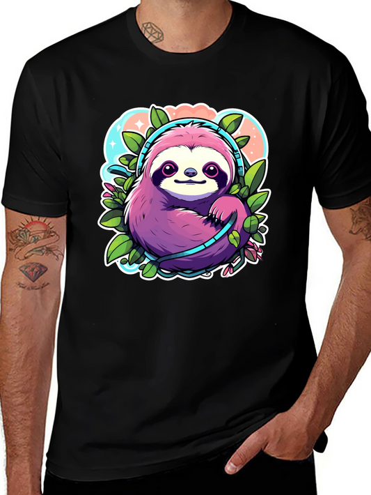 Sloth Headphones Graphic Tee - Cute Cartoon Animal Shirt