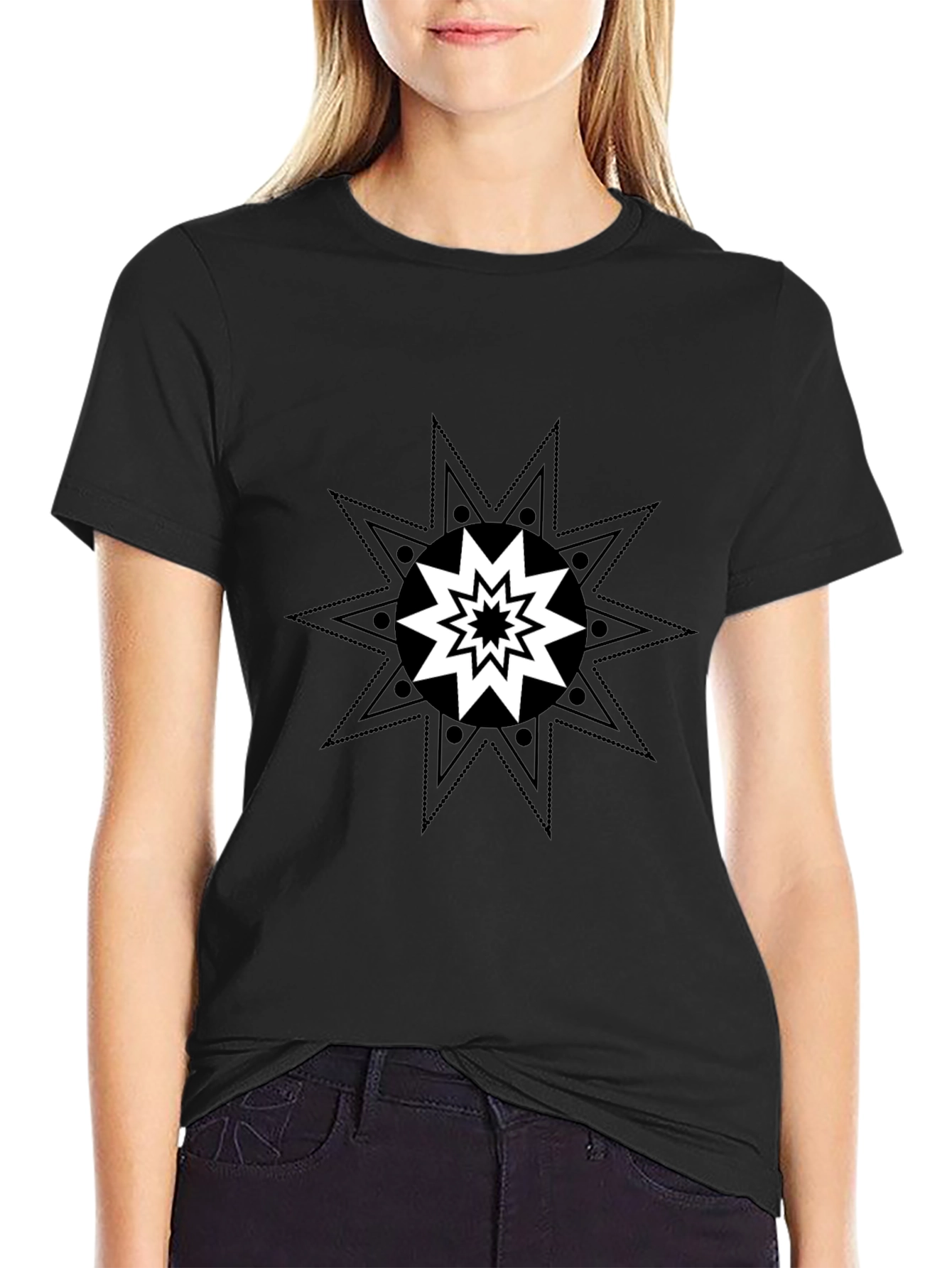 Geometric Starburst Graphic Tee - Black