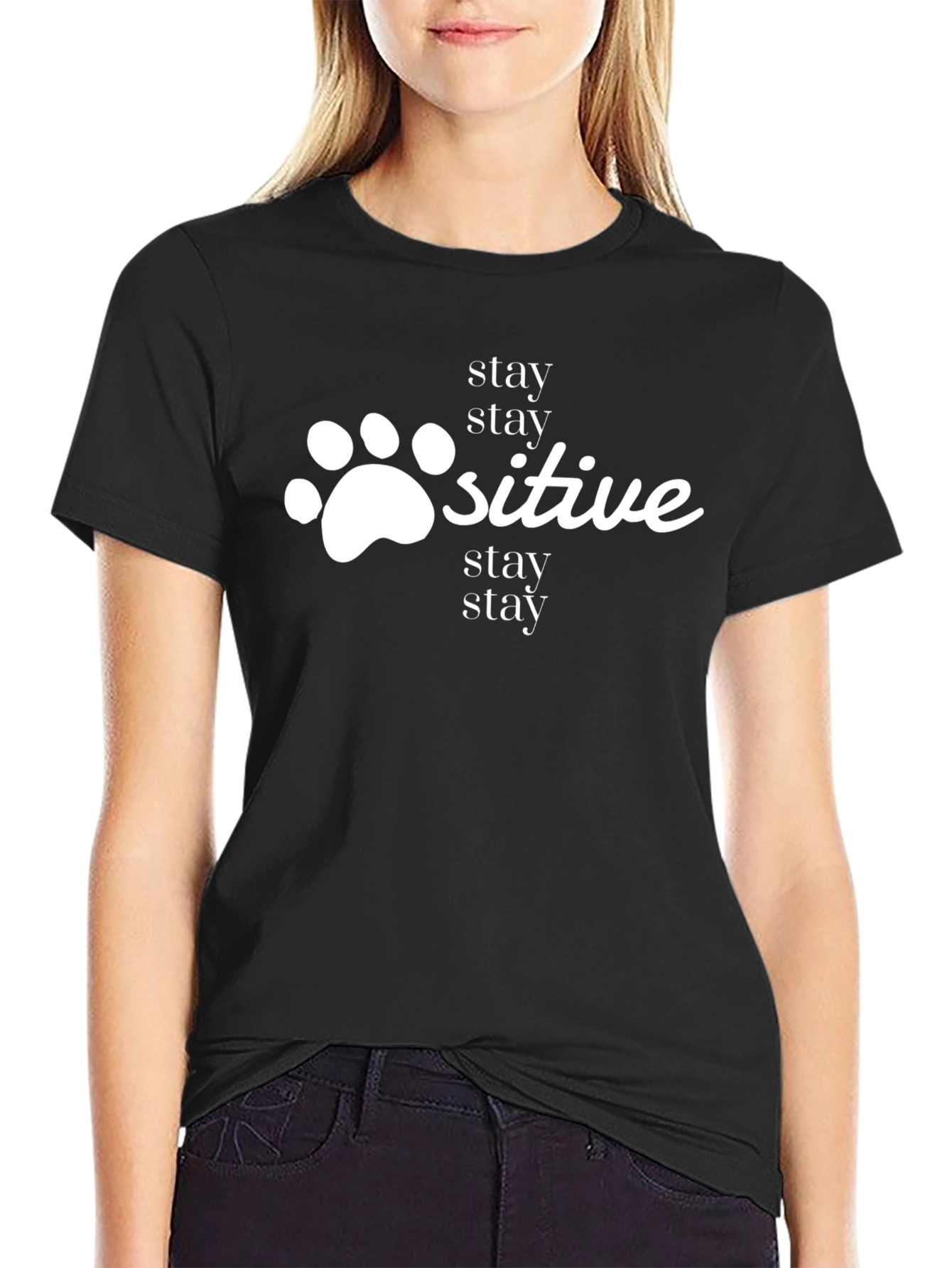 Stay Positive Paw Print Black Tee