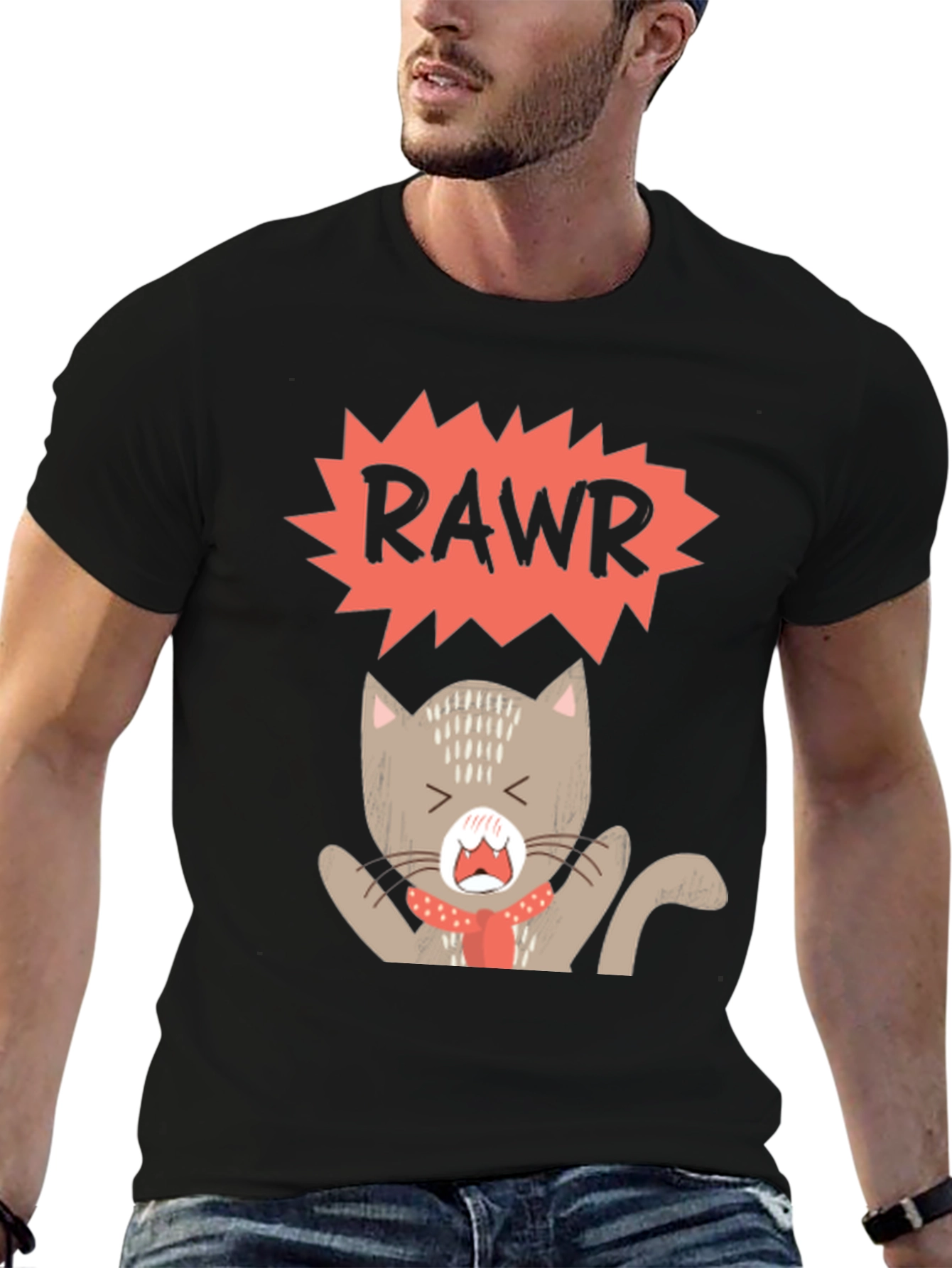 Rawr Cat Graphic Tee - Trendy Black T-Shirt