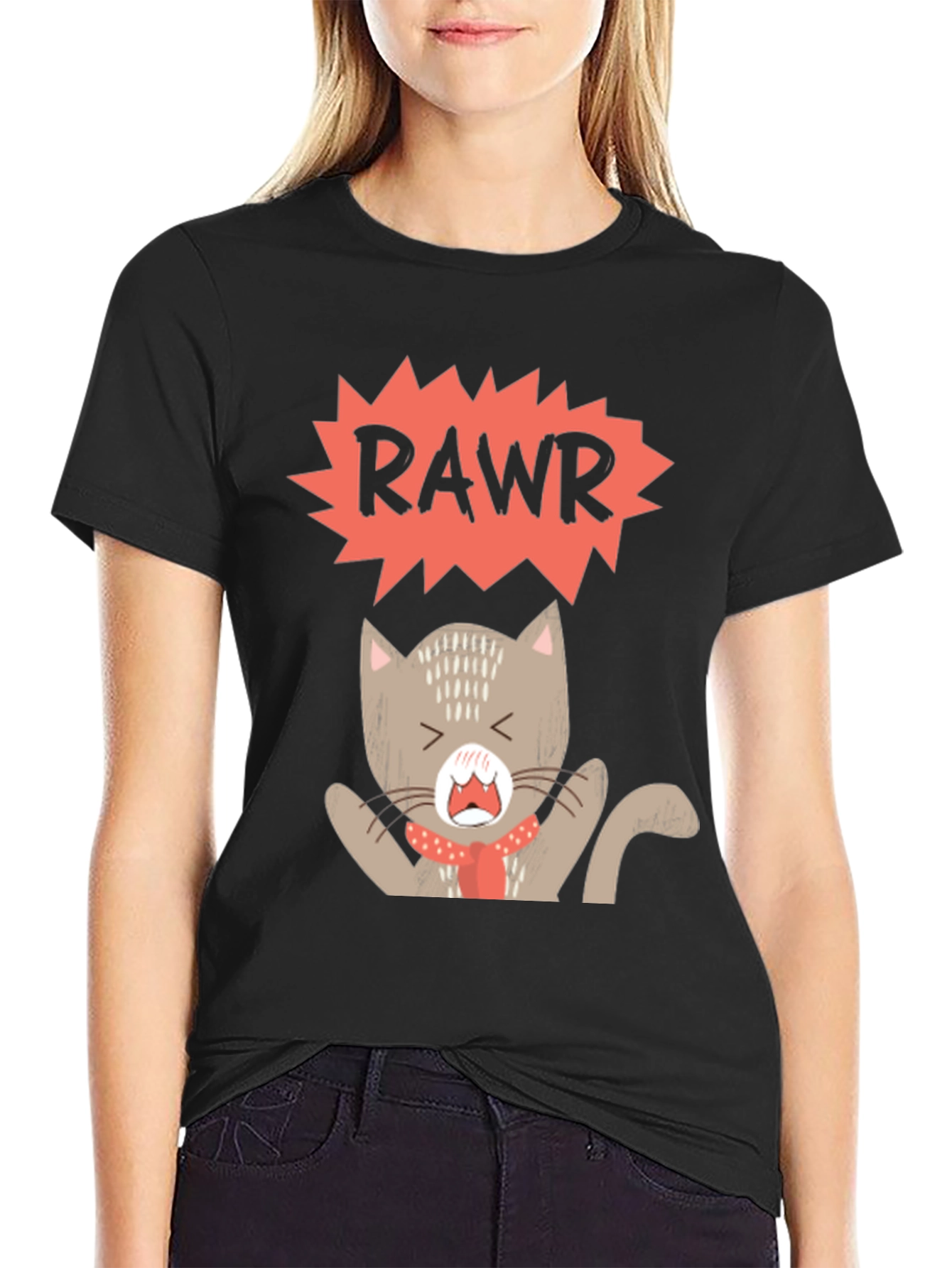 Rawr Cat Graphic Tee - Trendy Black T-Shirt