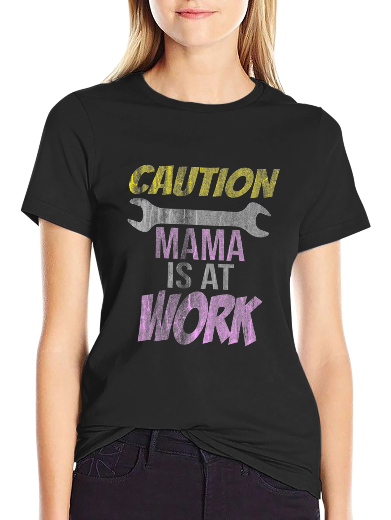 Caution Mama At Work Black Graphic Tee