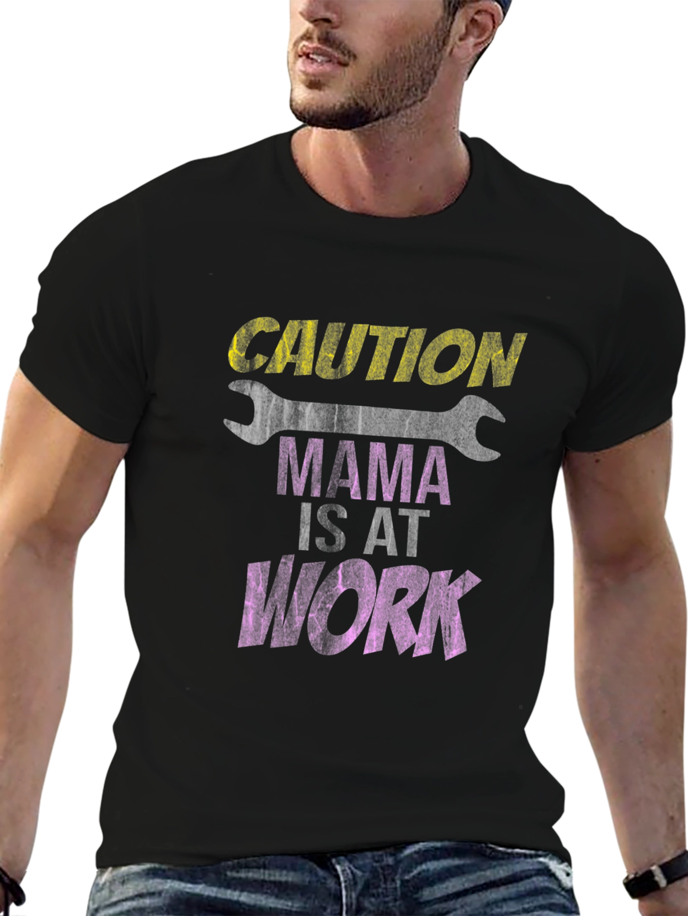 Caution Mama At Work Black Graphic Tee