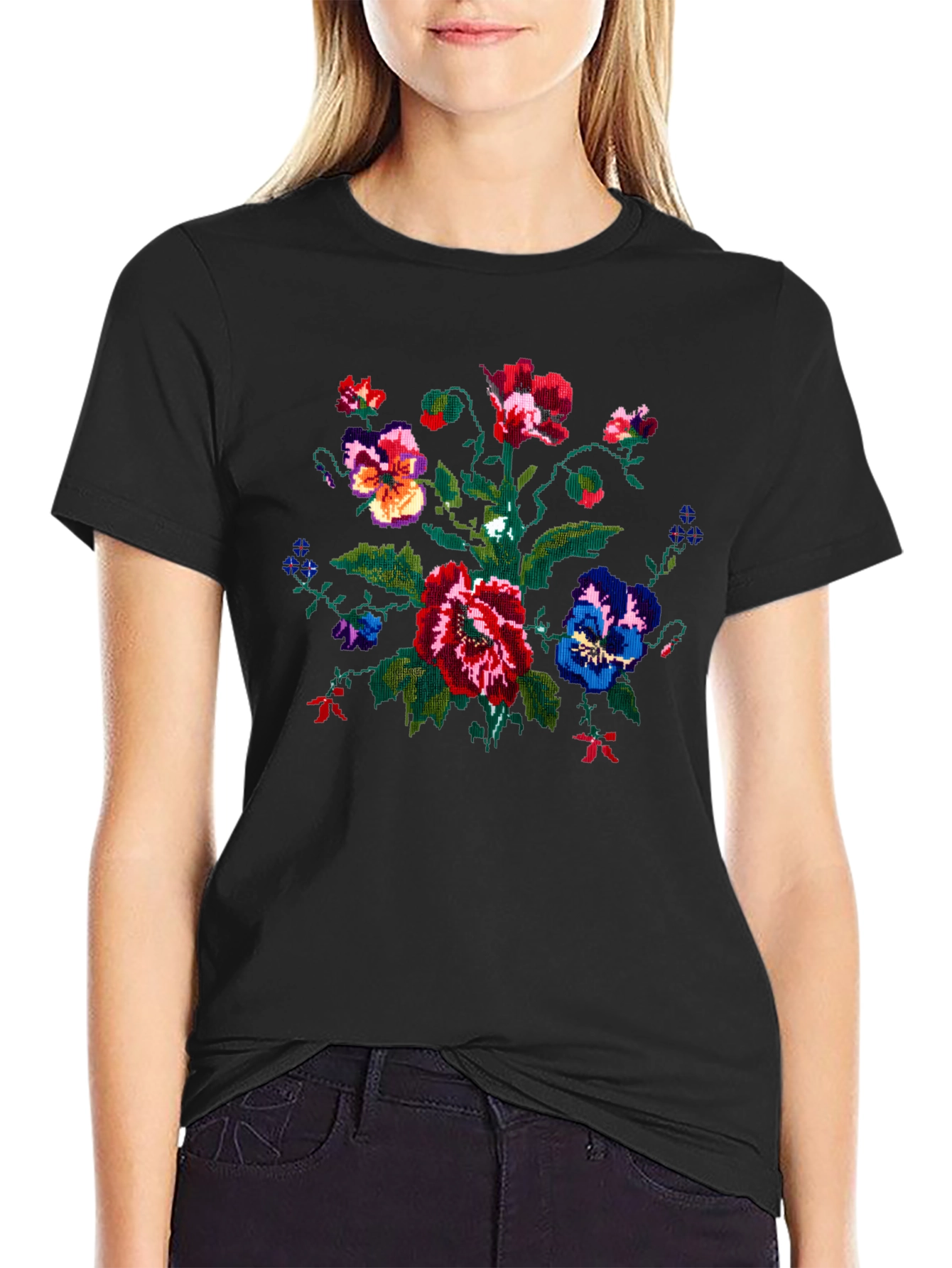 Embroidered Floral Graphic Black T-Shirt