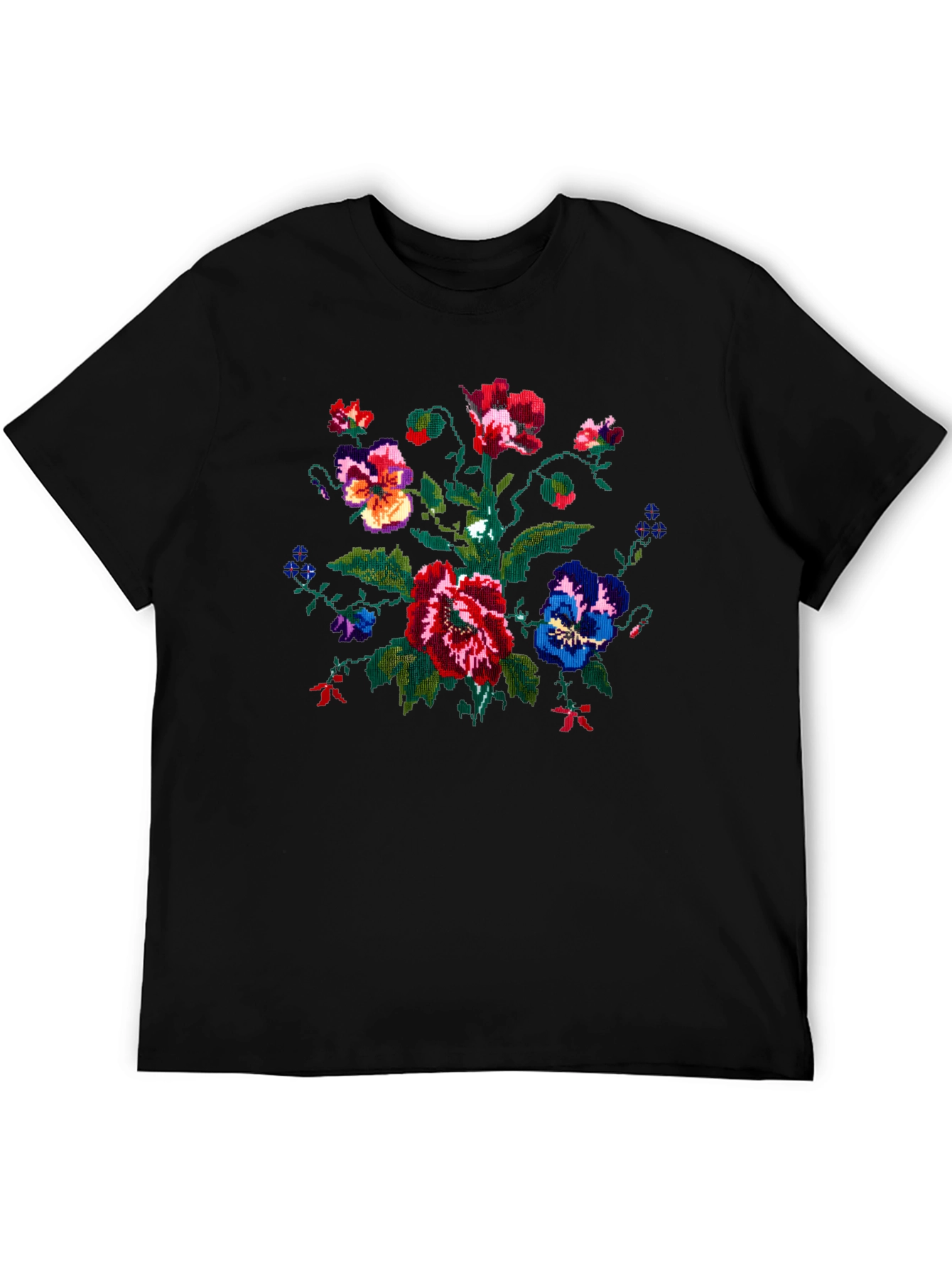 Embroidered Floral Graphic Black T-Shirt