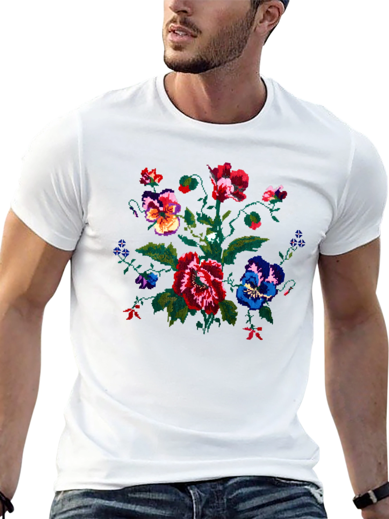 Embroidered Floral Graphic Black T-Shirt