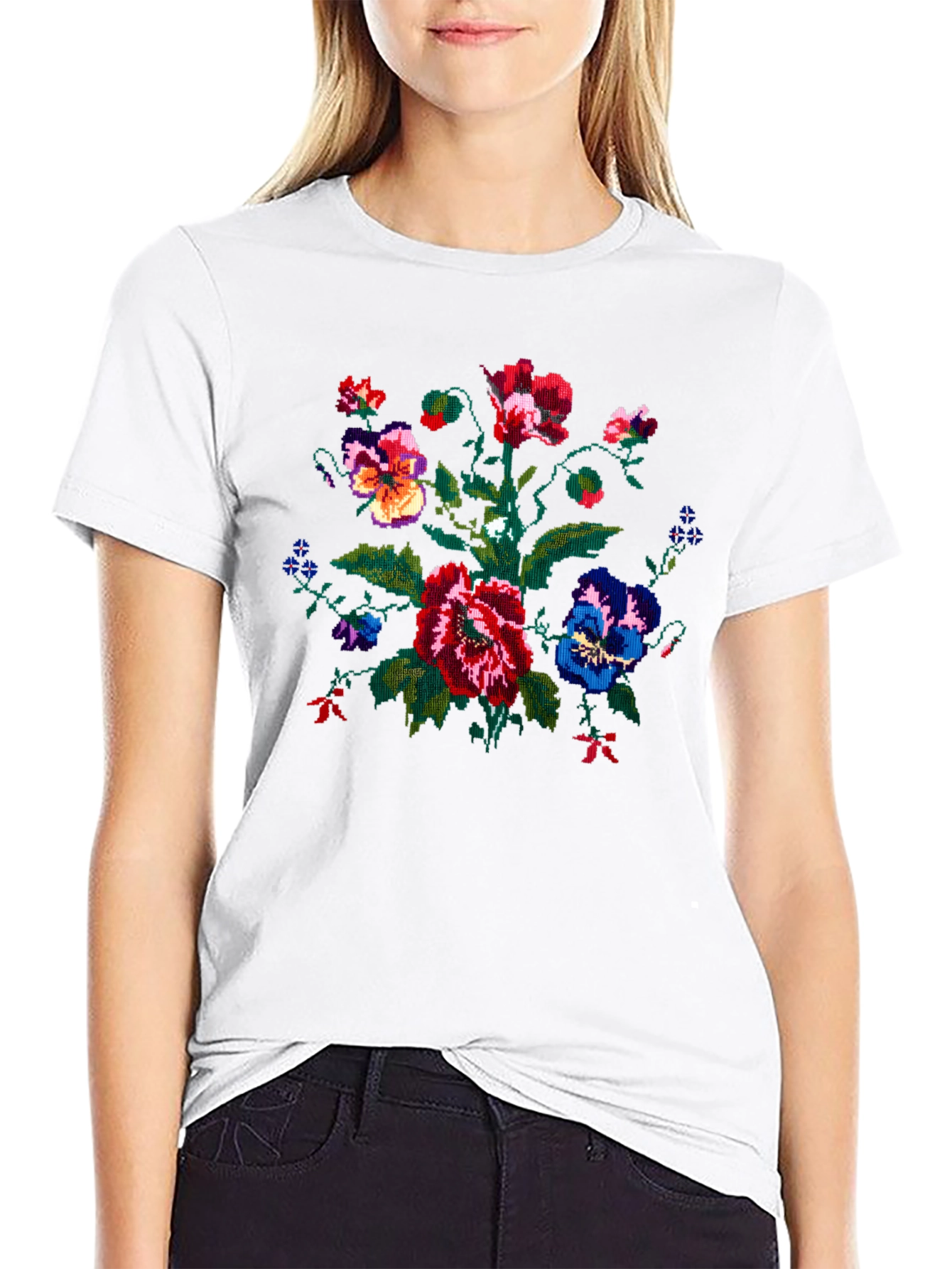 Embroidered Floral Graphic Black T-Shirt
