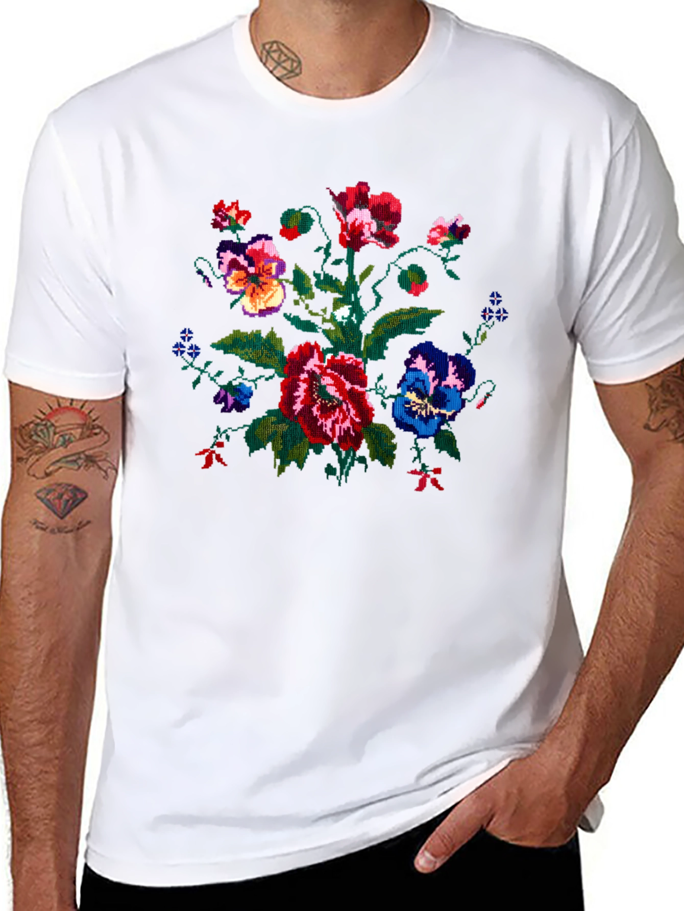 Embroidered Floral Graphic Black T-Shirt