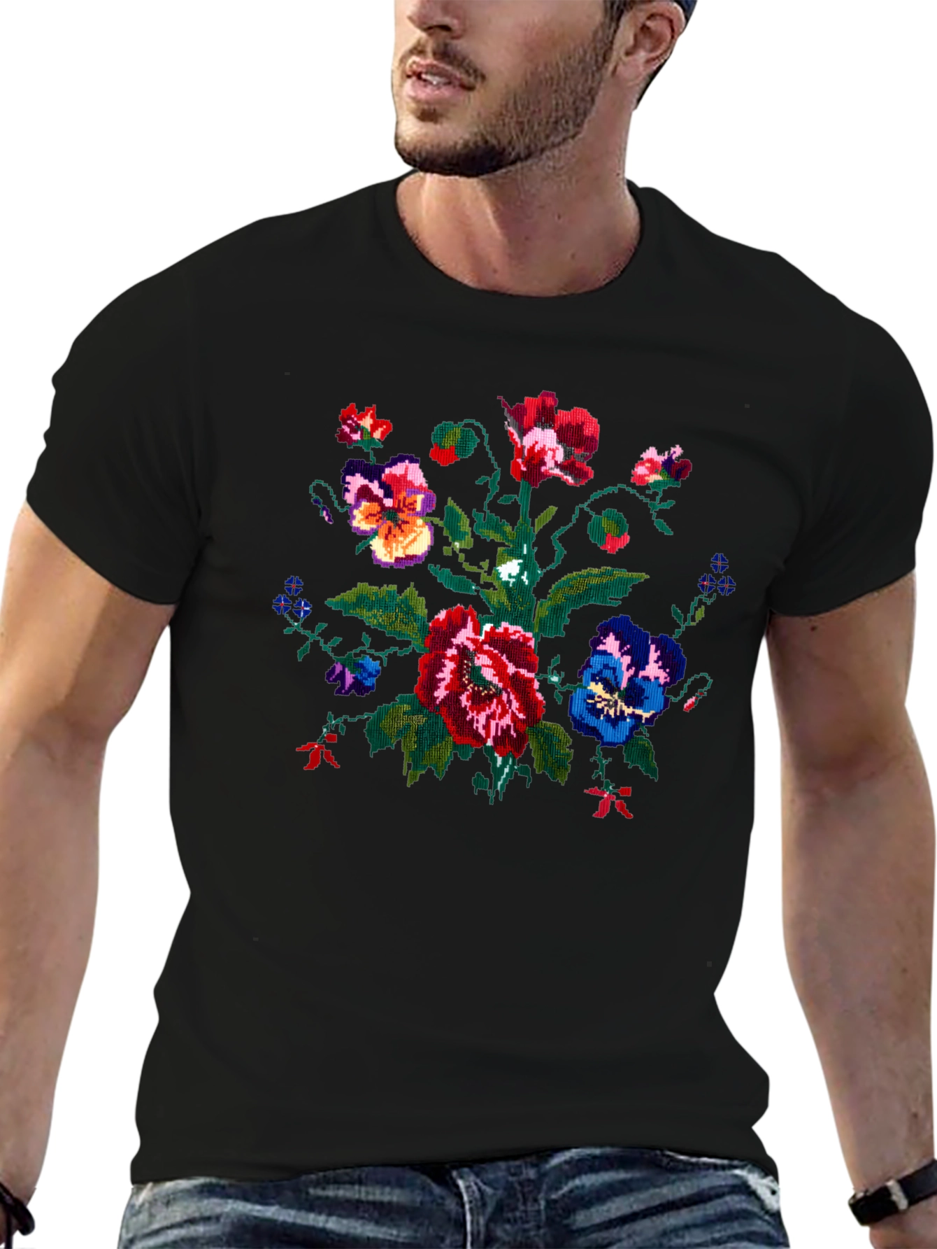 Embroidered Floral Graphic Black T-Shirt