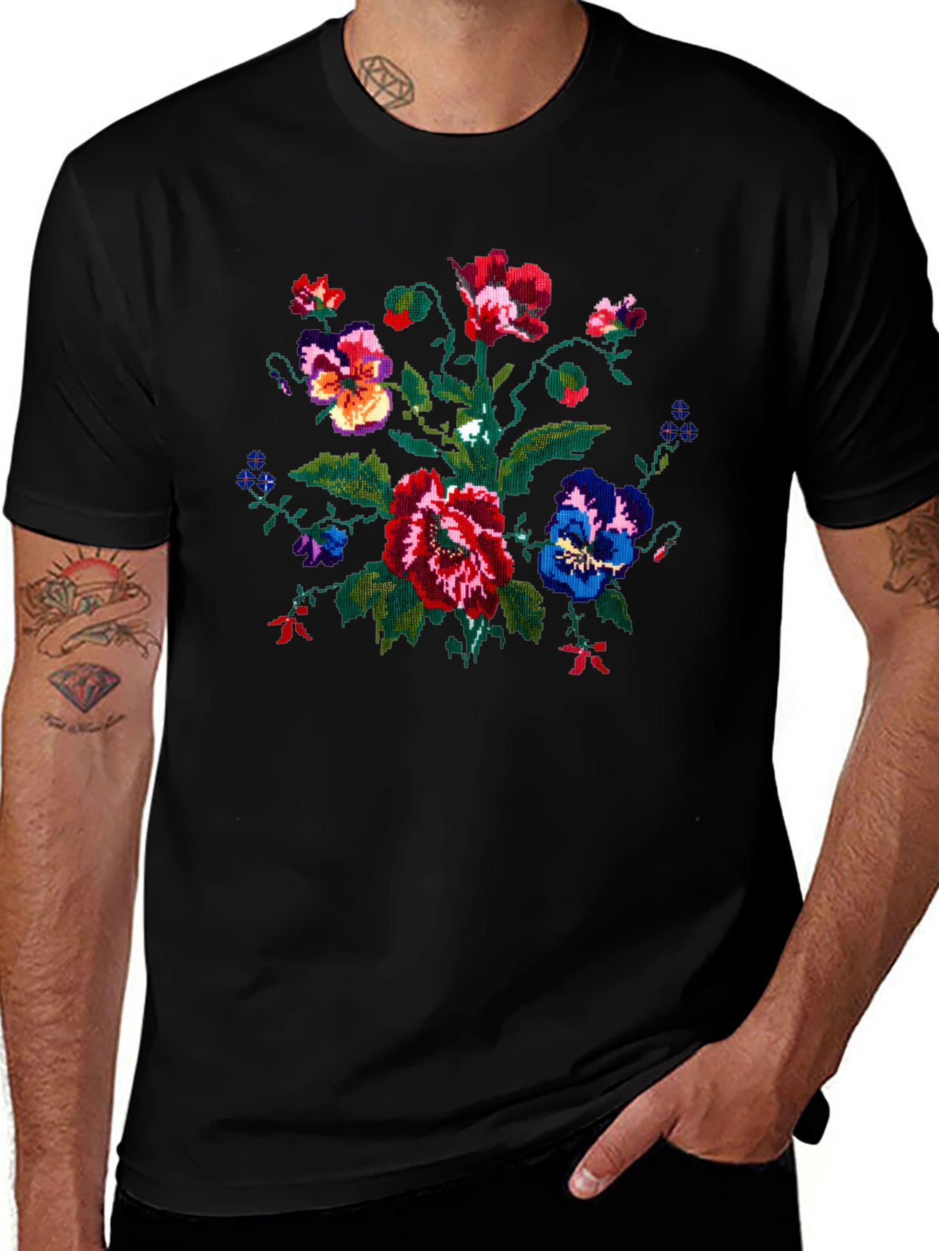 Embroidered Floral Graphic Black T-Shirt