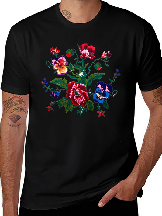 Embroidered Floral Graphic Black T-Shirt