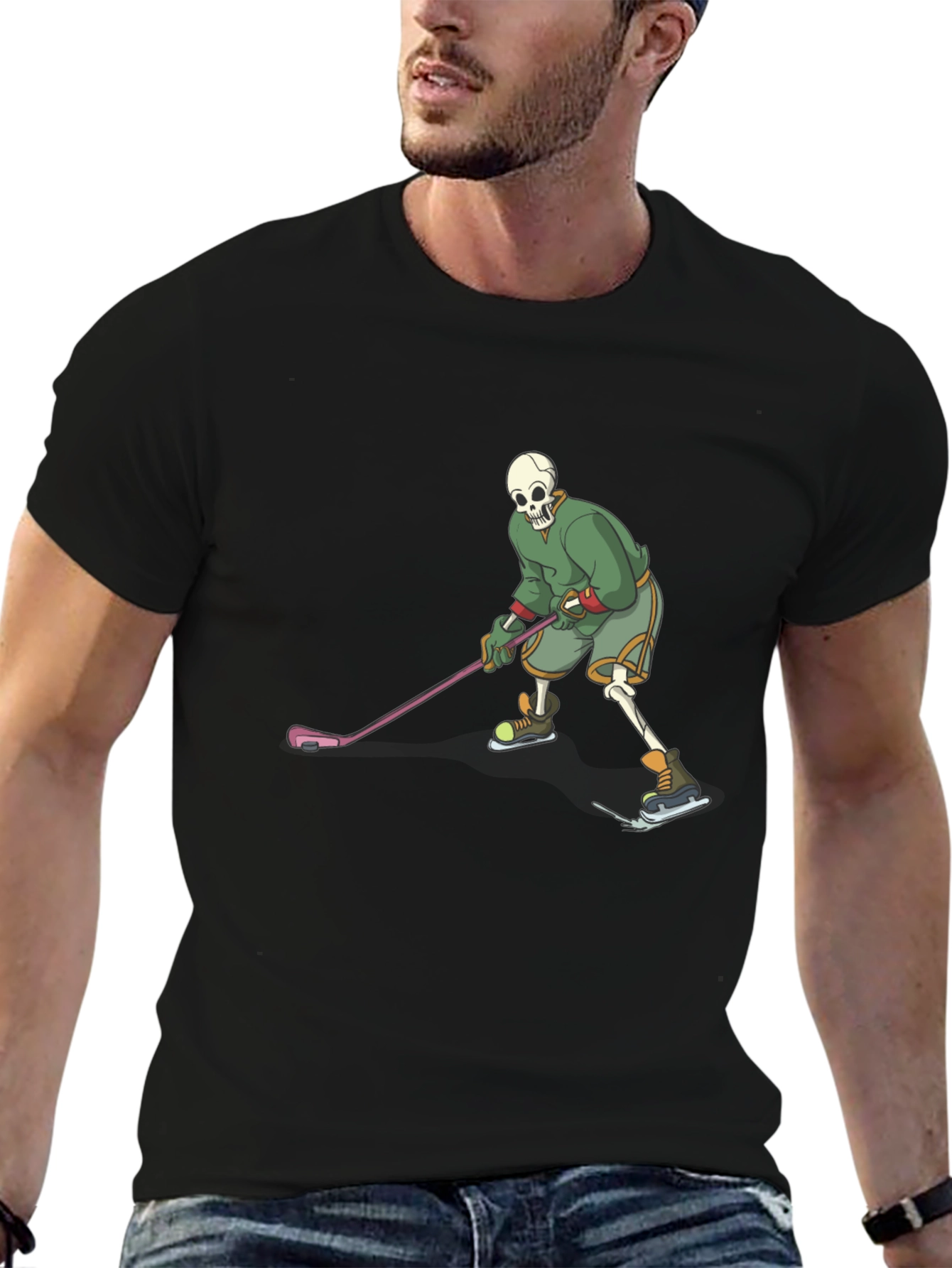 Skeleton Hockey Player Black T-Shirt