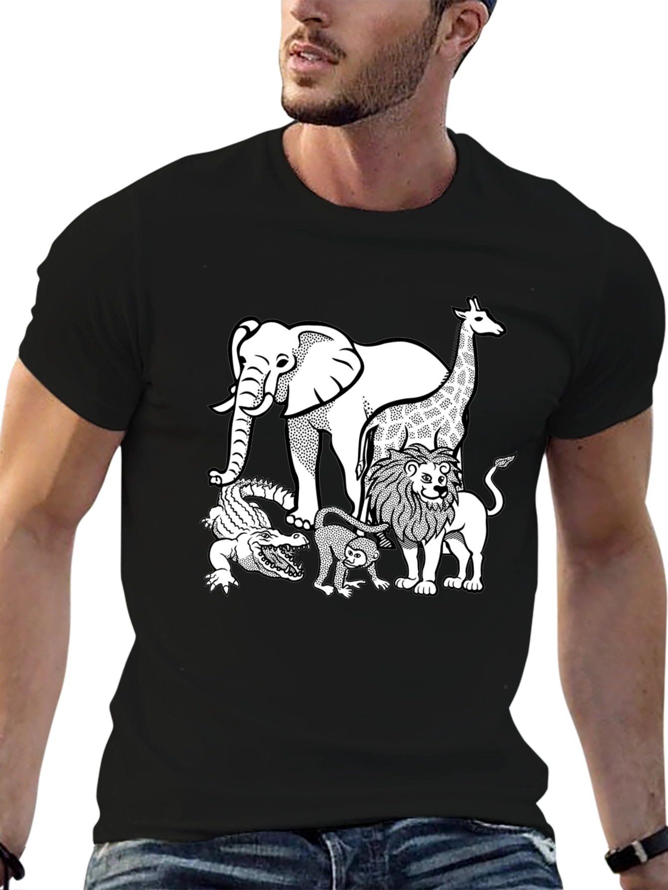 Safari Animal Graphic Tee - Black Cotton Shirt