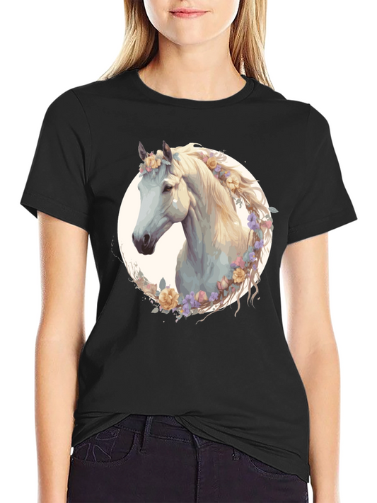 Floral Horse Graphic Tee - Black Cotton Shirt
