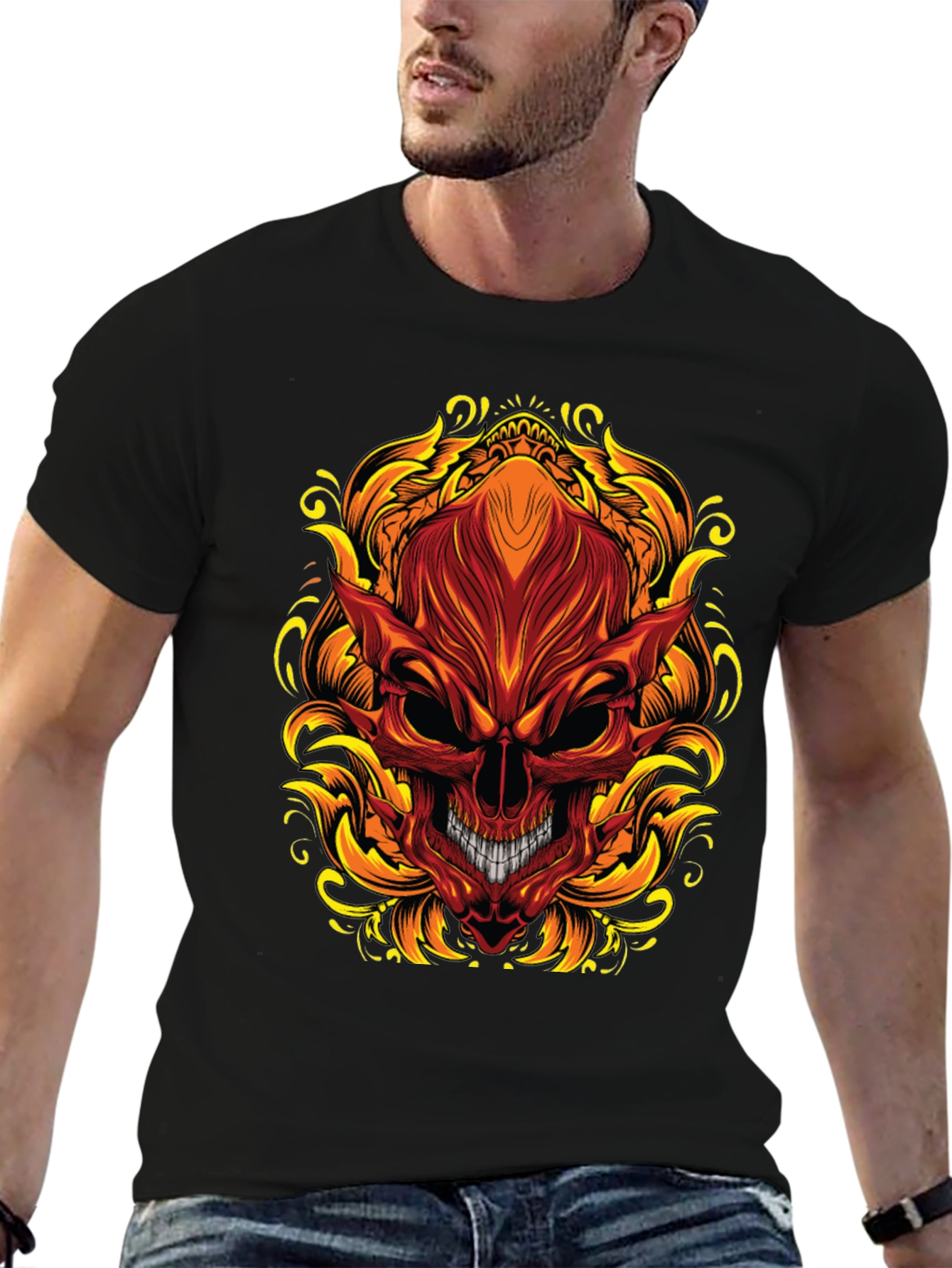 Fiery Skull Graphic T-Shirt - Bold Demon Design