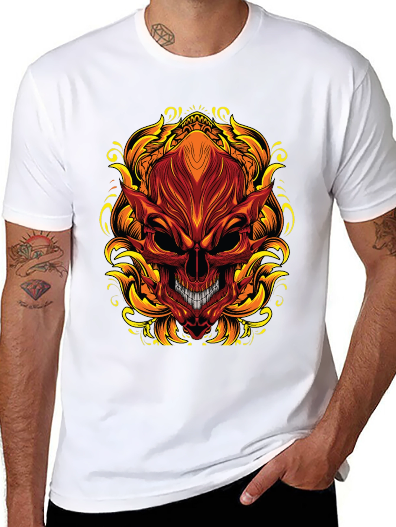 Fiery Skull Graphic T-Shirt - Bold Demon Design