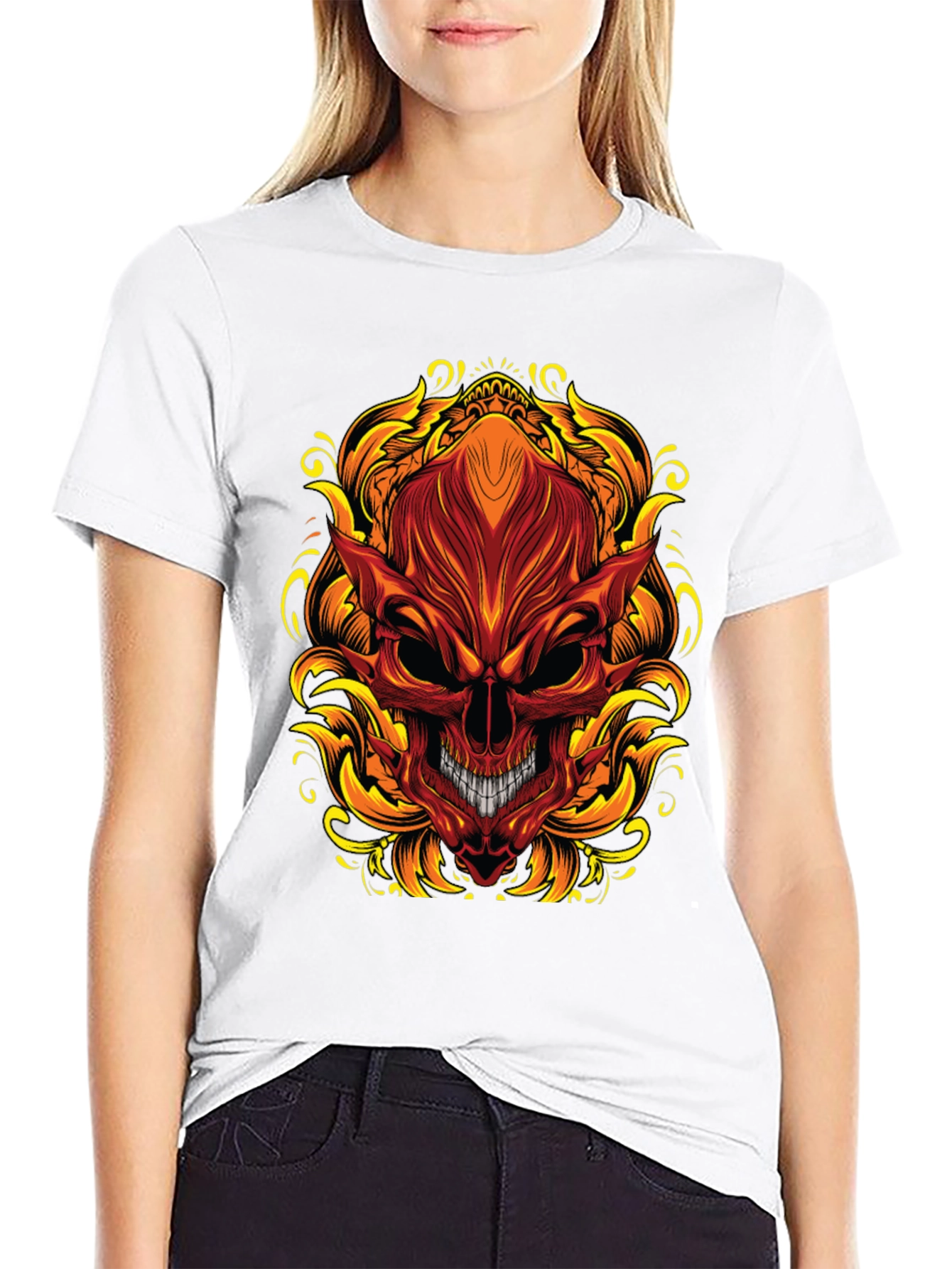 Fiery Skull Graphic T-Shirt - Bold Demon Design