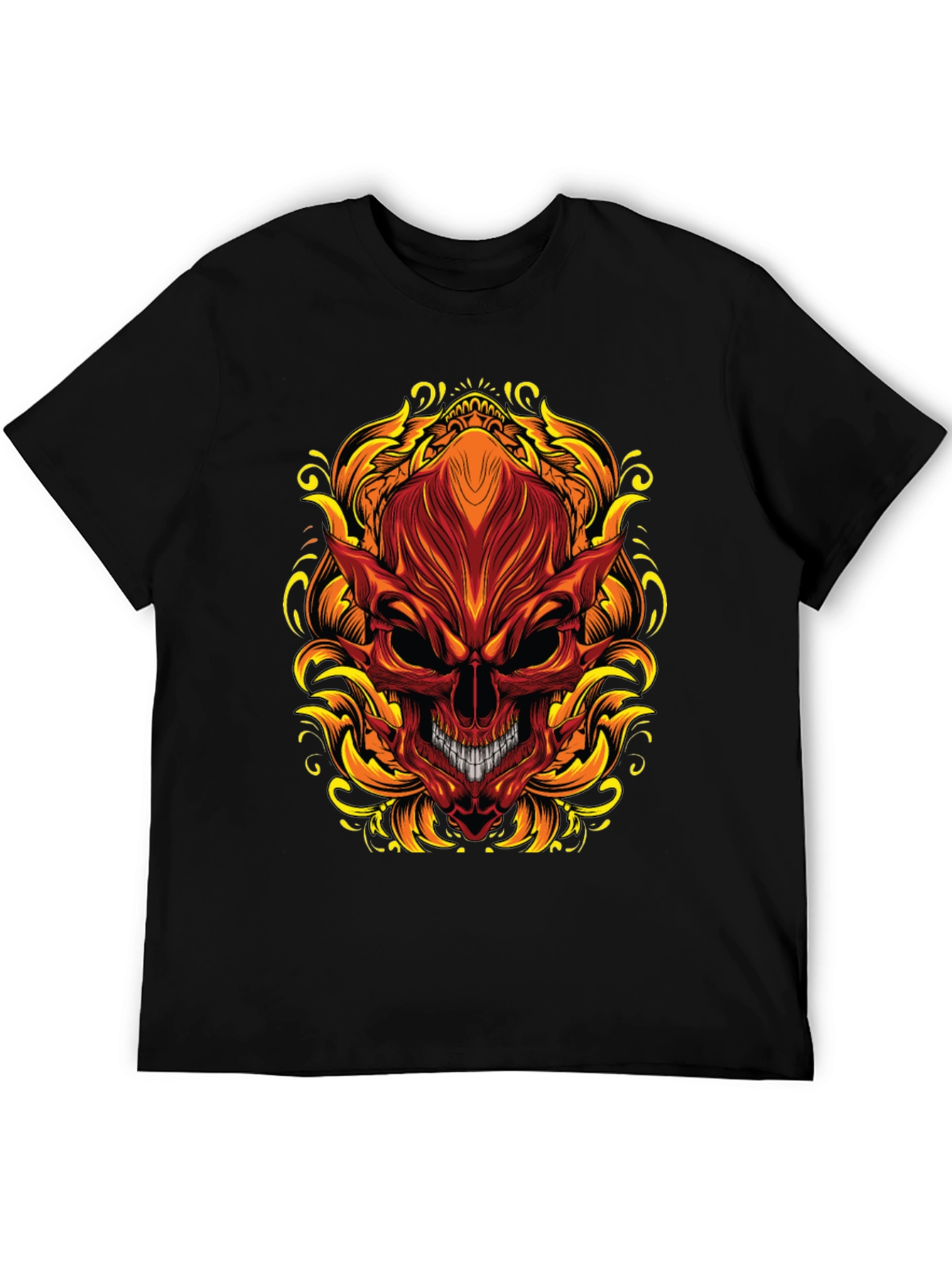 Fiery Skull Graphic T-Shirt - Bold Demon Design