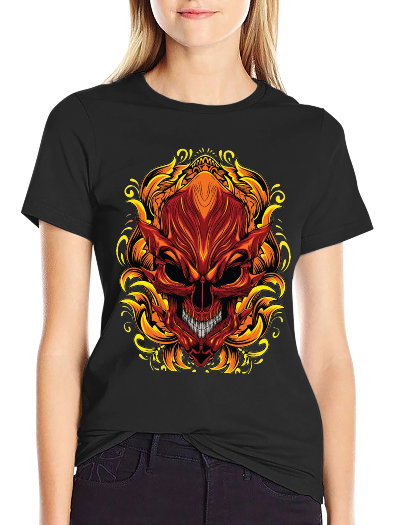 Fiery Skull Graphic T-Shirt - Bold Demon Design