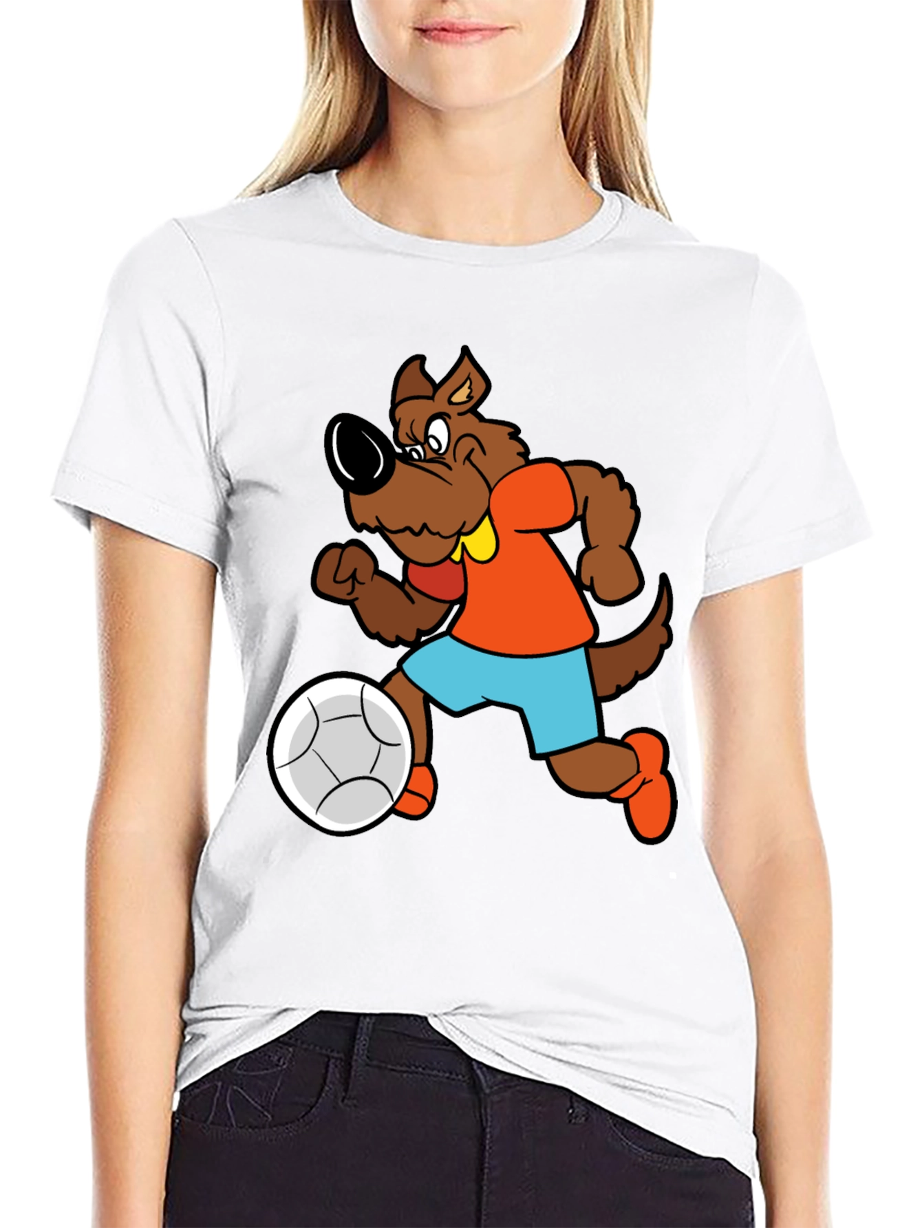 Cartoon Dog Playing Soccer Black T-Shirt