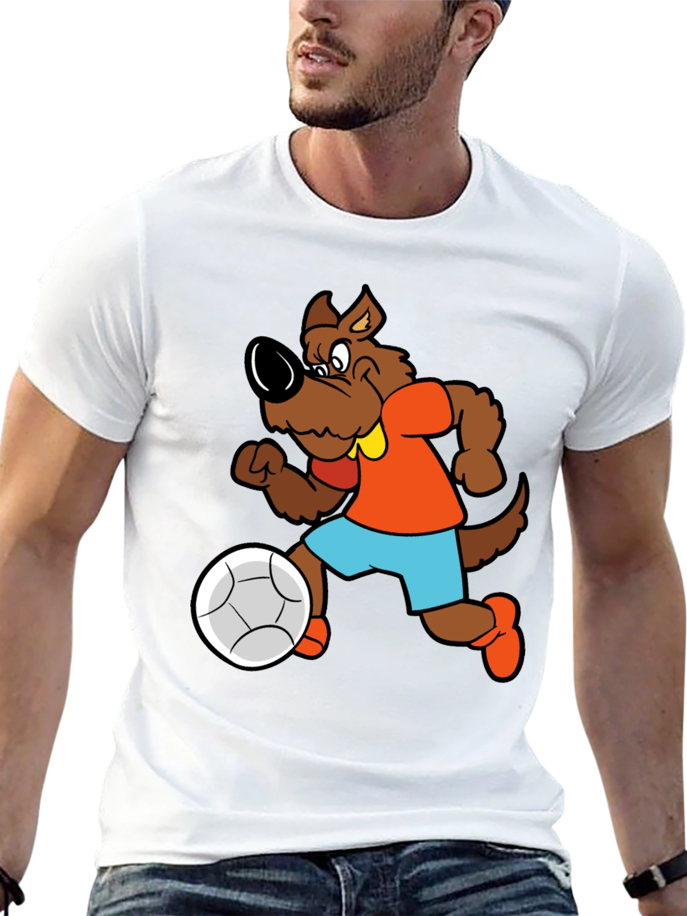 Cartoon Dog Playing Soccer Black T-Shirt