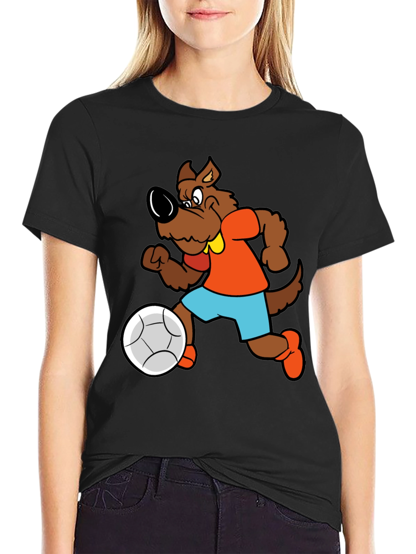 Cartoon Dog Playing Soccer Black T-Shirt