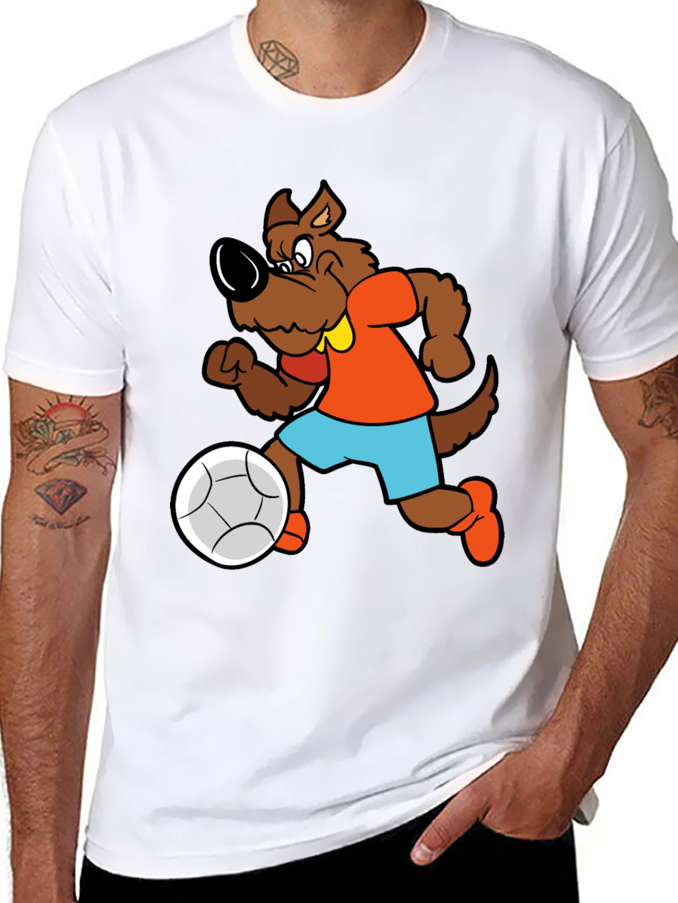 Cartoon Dog Playing Soccer Black T-Shirt