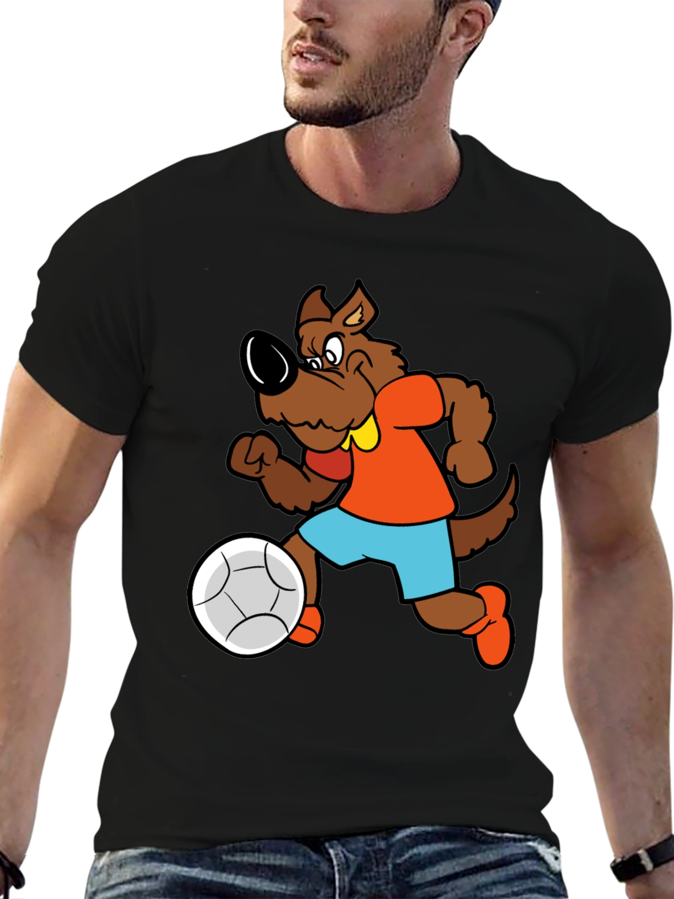 Cartoon Dog Playing Soccer Black T-Shirt