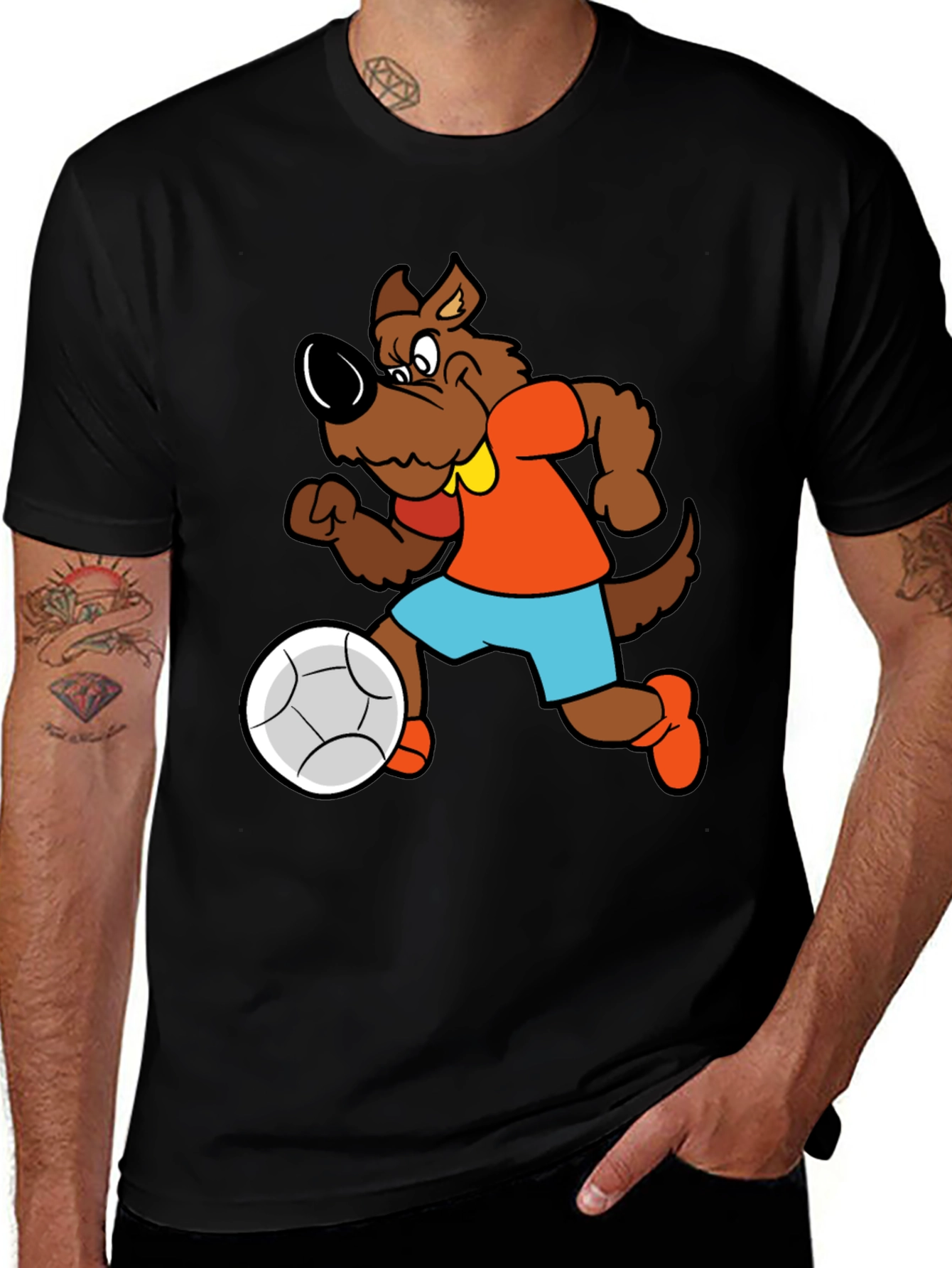 Cartoon Dog Playing Soccer Black T-Shirt