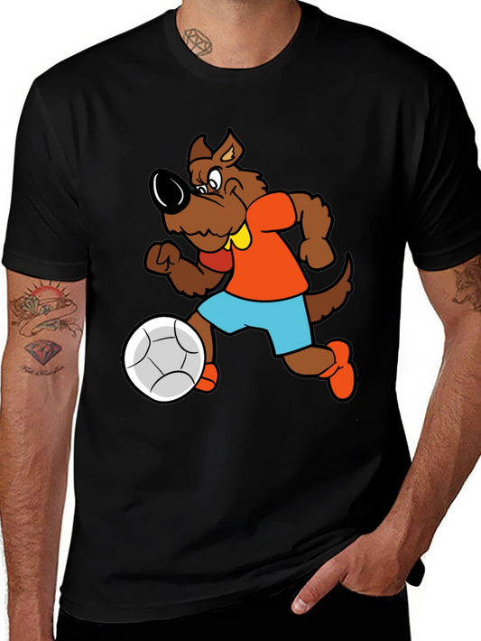 Cartoon Dog Playing Soccer Black T-Shirt