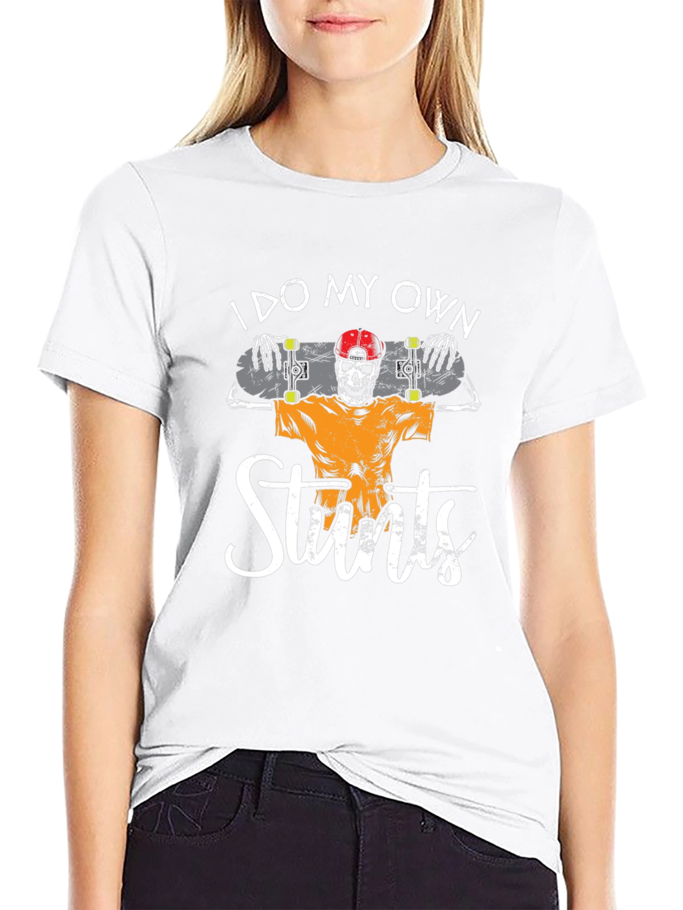 I Do My Own Stunts Skateboard Skeleton Graphic Tee