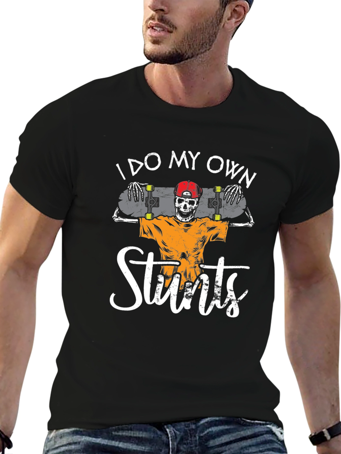 I Do My Own Stunts Skateboard Skeleton Graphic Tee