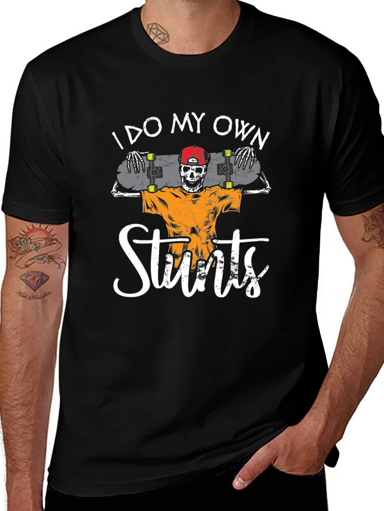 I Do My Own Stunts Skateboard Skeleton Graphic Tee