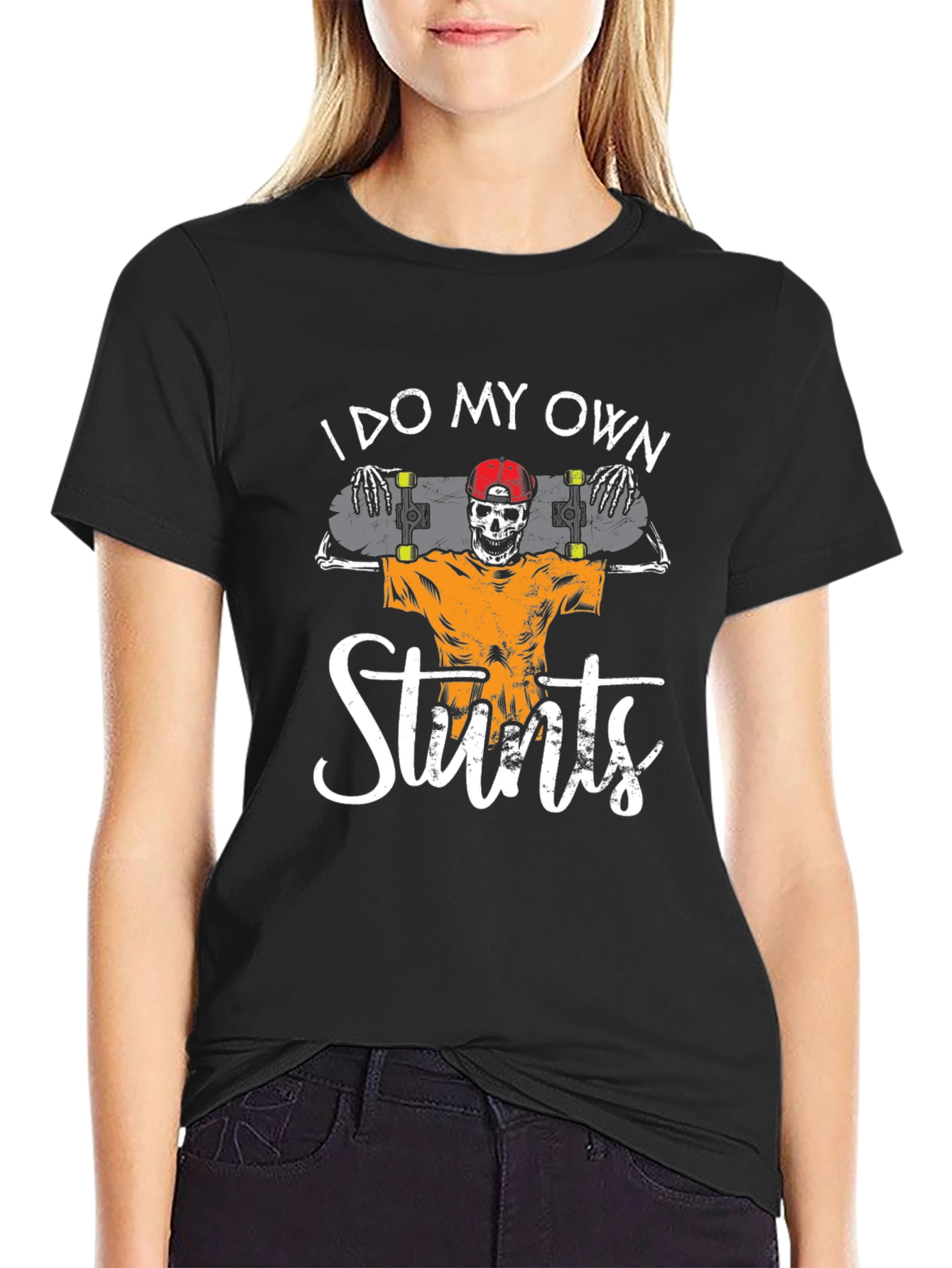 I Do My Own Stunts Skateboard Skeleton Graphic Tee