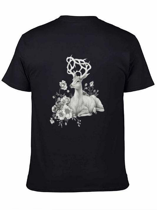 Deer Floral Graphic T-Shirt - Black