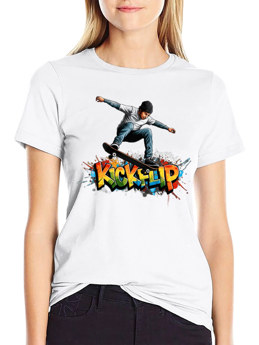 Cool Kickflip Skateboarder Graphic Black T-Shirt