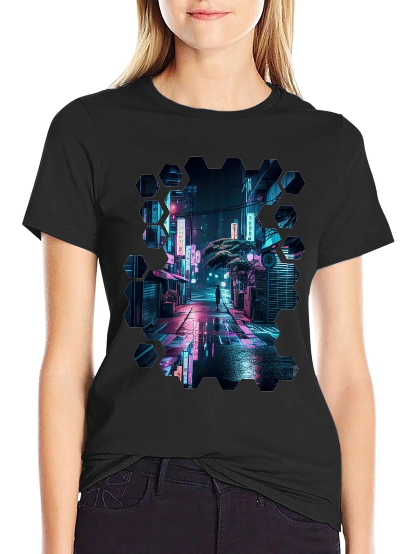 Cyberpunk Cityscape Black T-Shirt